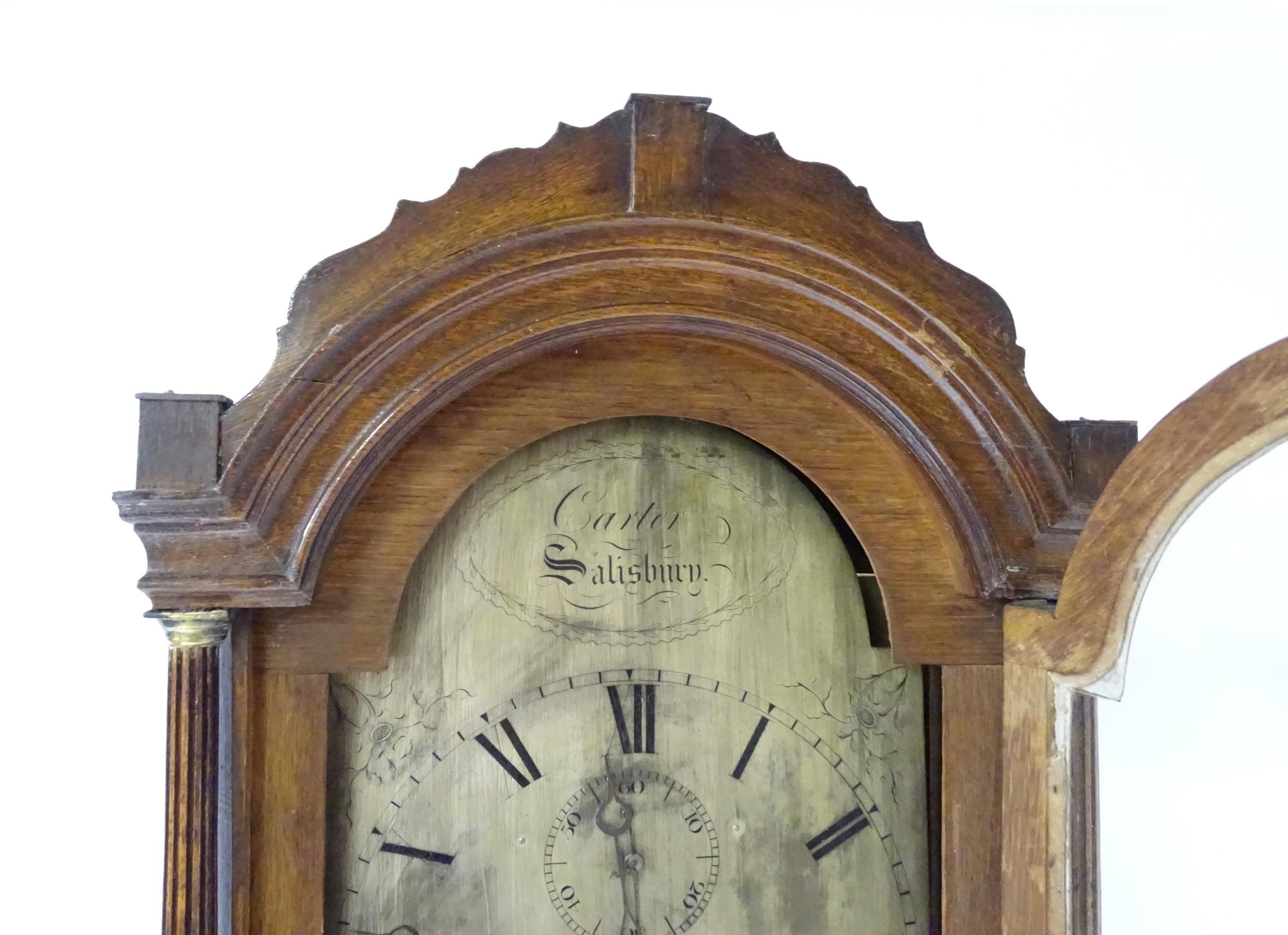 William Cater - Salisbury : A 19thC oak cased 8 day longcase clock, with brass dial, signed to the - Image 6 of 11