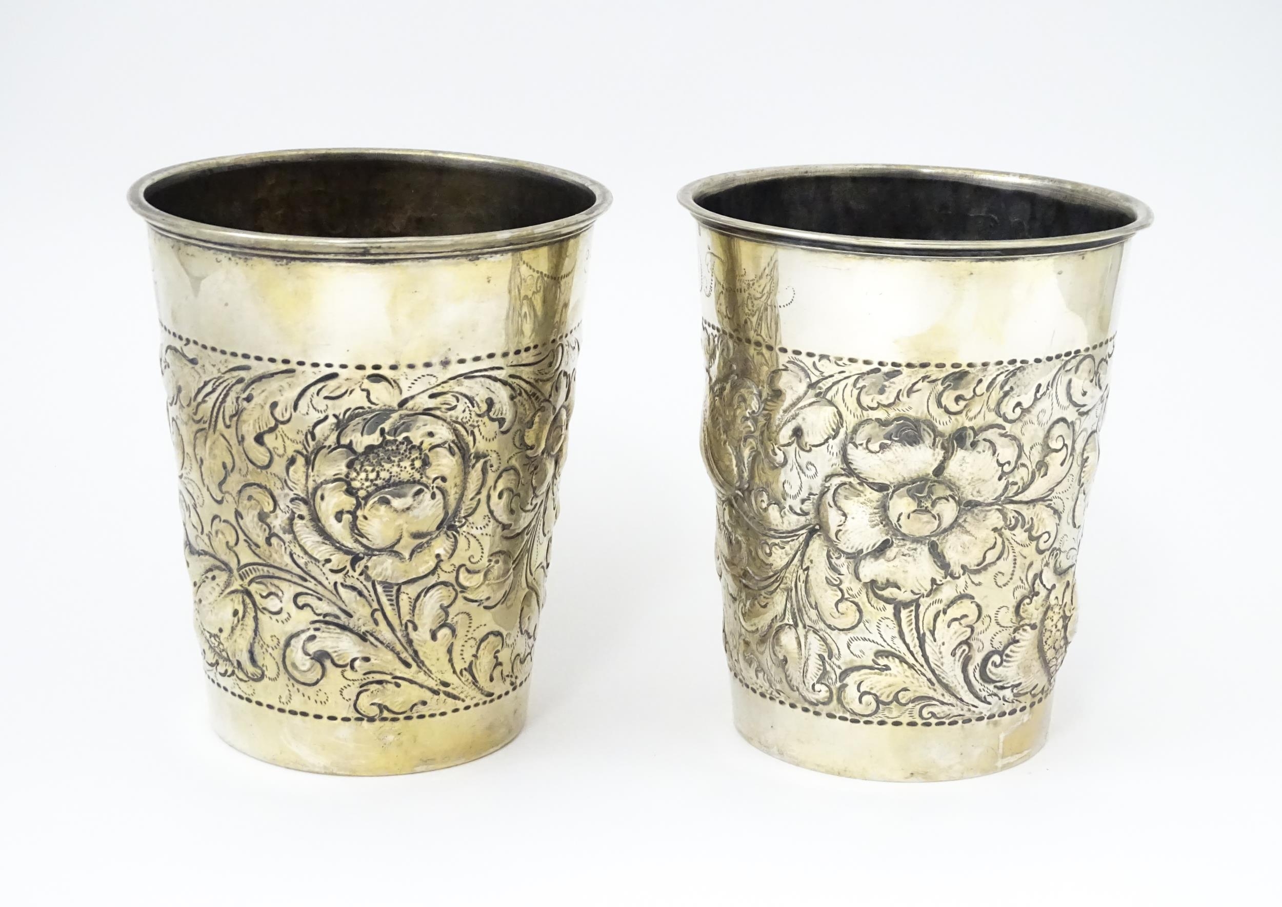 Scandinavian silver : Two early 20thC Danish silver large beakers with floral and acanthus scroll - Image 3 of 11