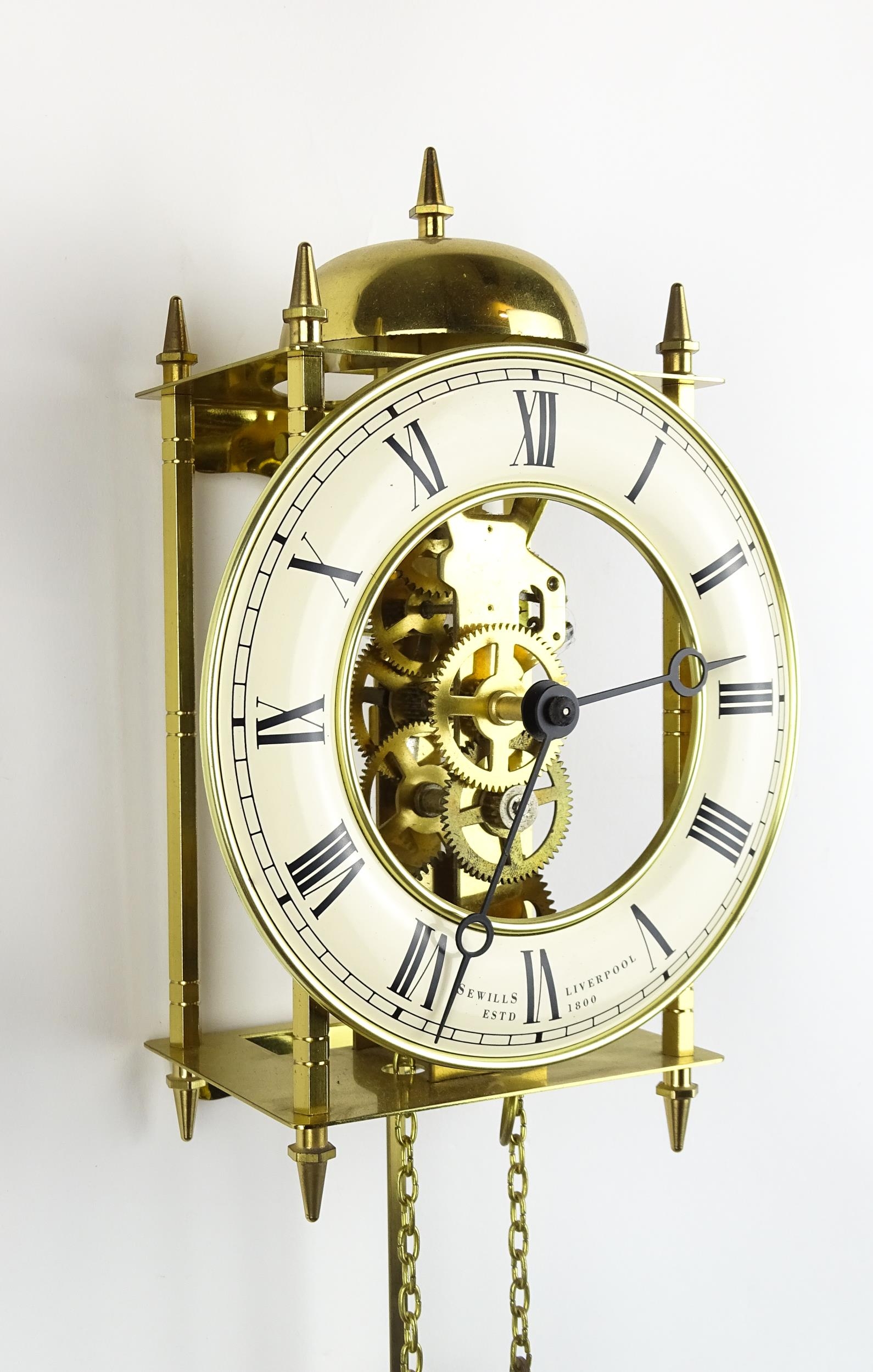 A late 20thC Sewills of Liverpool brass cased skeleton lantern wall clock, circular dial with - Image 4 of 7