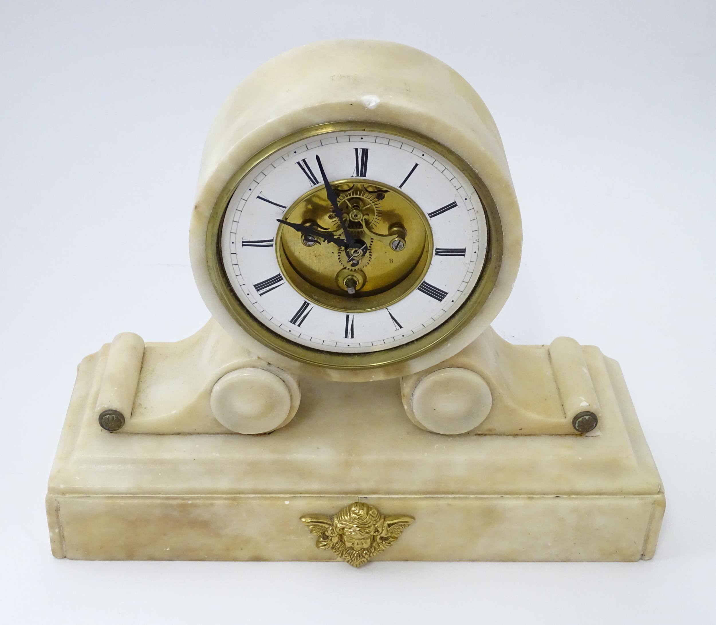 A 19thC French alabaster drum head clock by Farcot, Paris, with Roman chapter ring and visible - Image 3 of 7