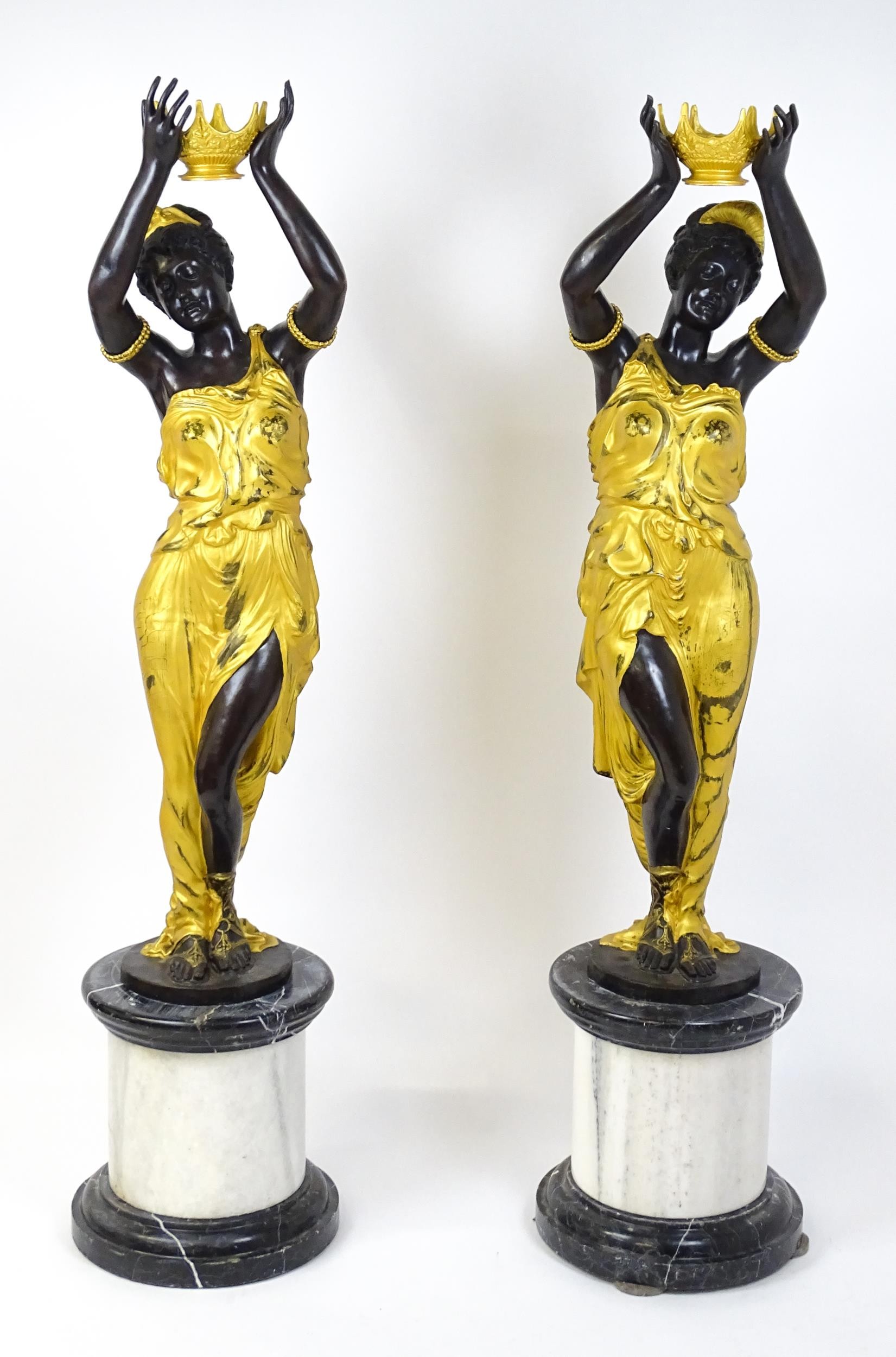 A pair of large cast bronze female blackamoor torcheres with gilt detail, raised on marble - Image 6 of 15