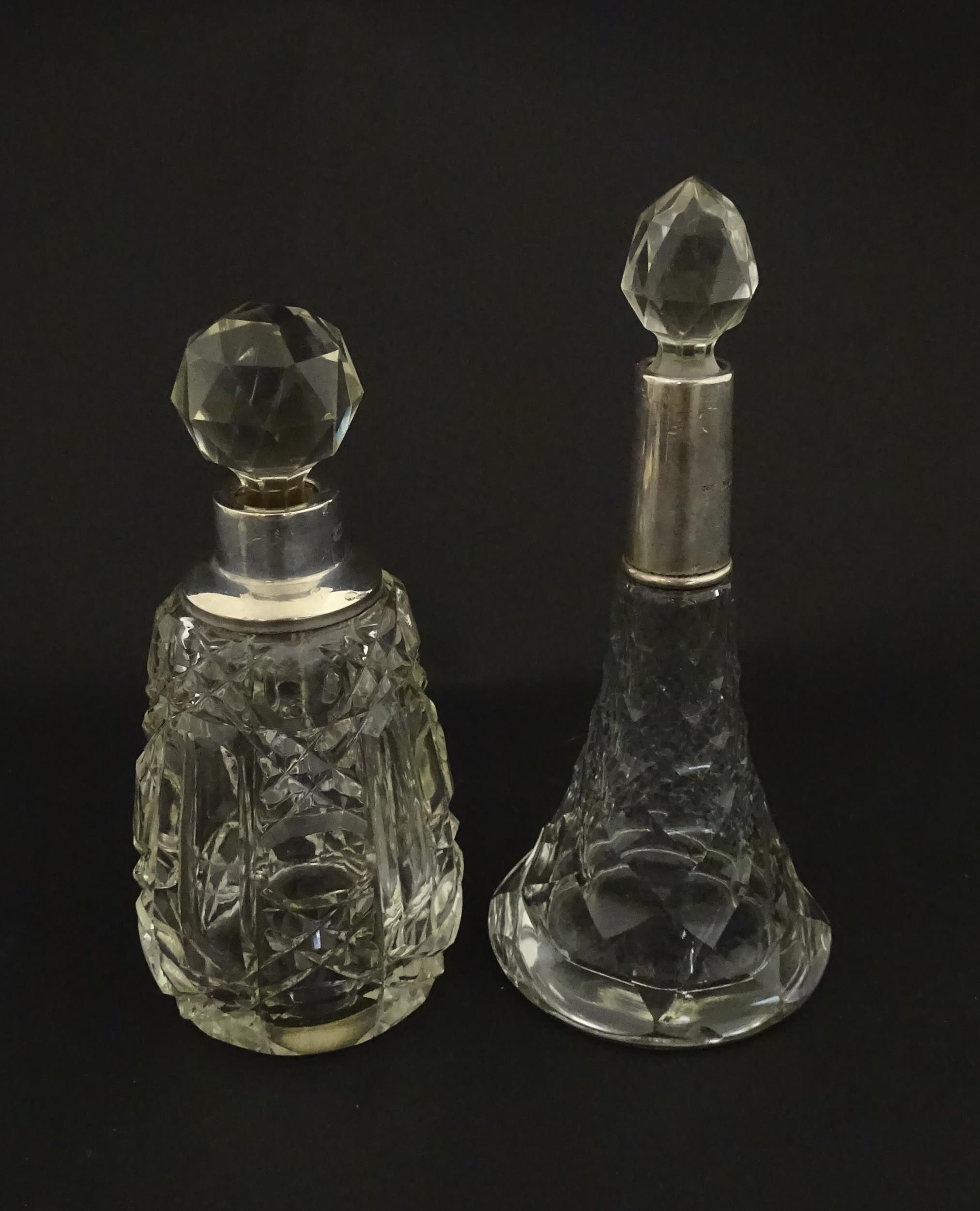 Two cut glass scent / perfume bottles with silver mounts, one hallmarked Birmingham 1921, maker A - Image 8 of 15