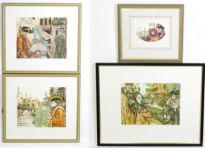 Ugo Baracco (b. 1949), Limited edition aquatints, Four Venetian carnival scenes with figures in