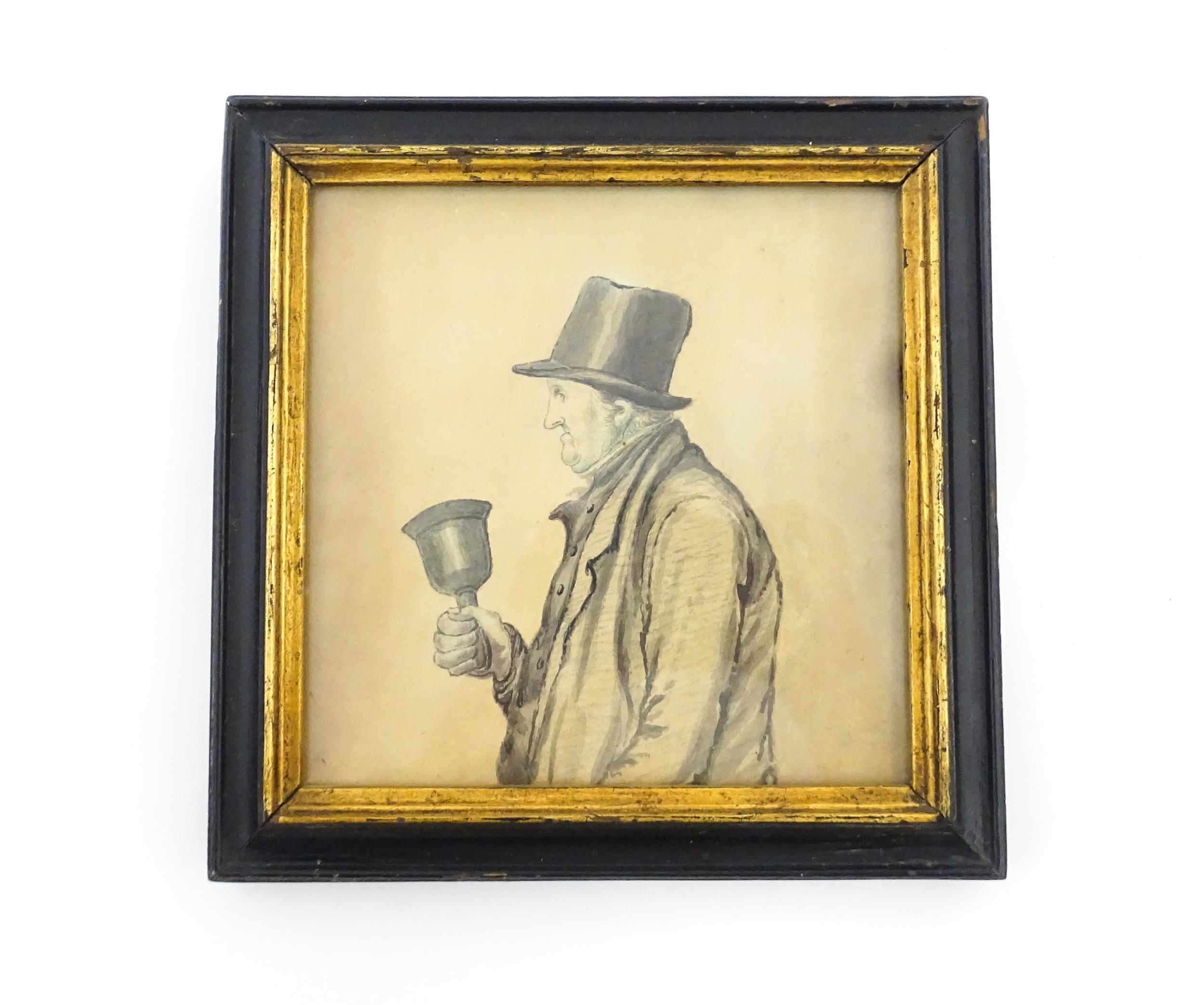 An early 20thC watercolour depicting a portrait of a gentleman bell ringer in profile. Approx. 5 1/ - Image 2 of 10