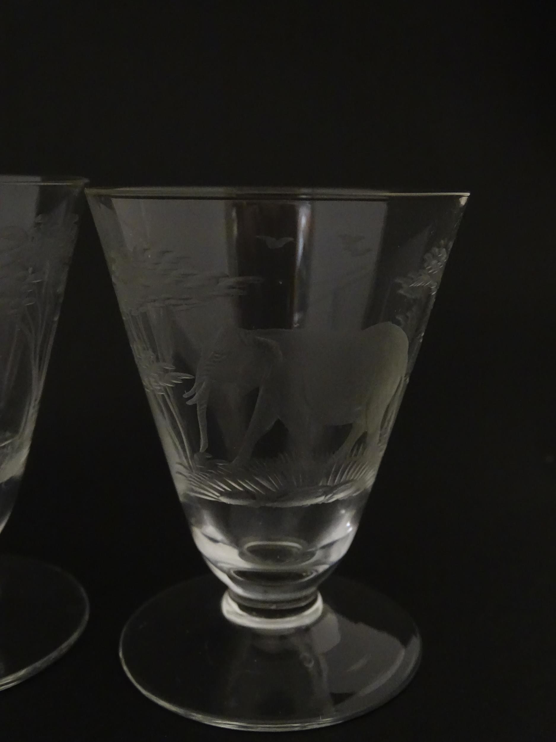 Rowland Ward sherry / liquor glasses with engraved Safari animal detail. Unsigned. Largest approx. - Image 6 of 26