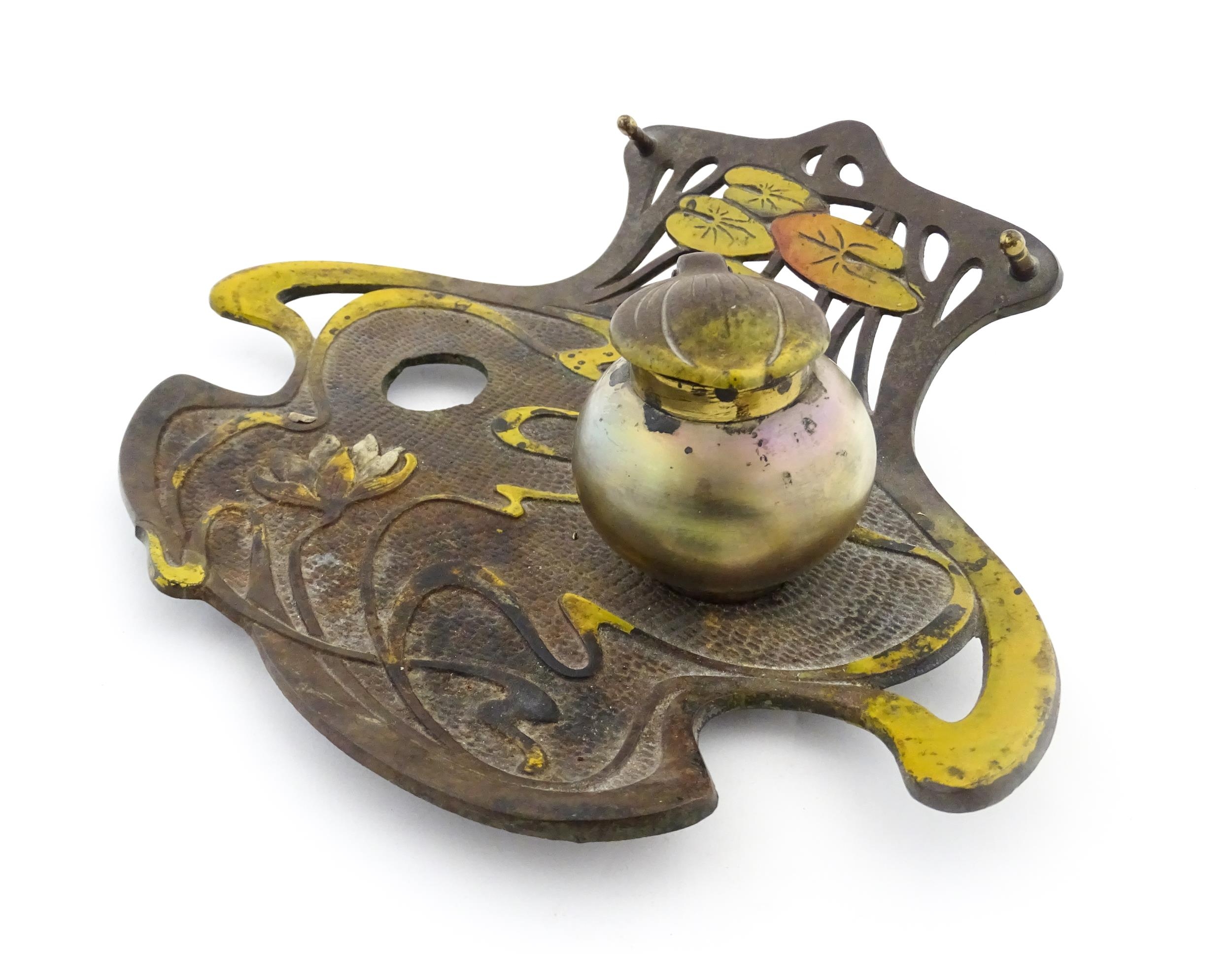 An Art Nouveau / Jugendstil cast standish of shaped form with enamel waterlily and lotus flower - Image 4 of 8