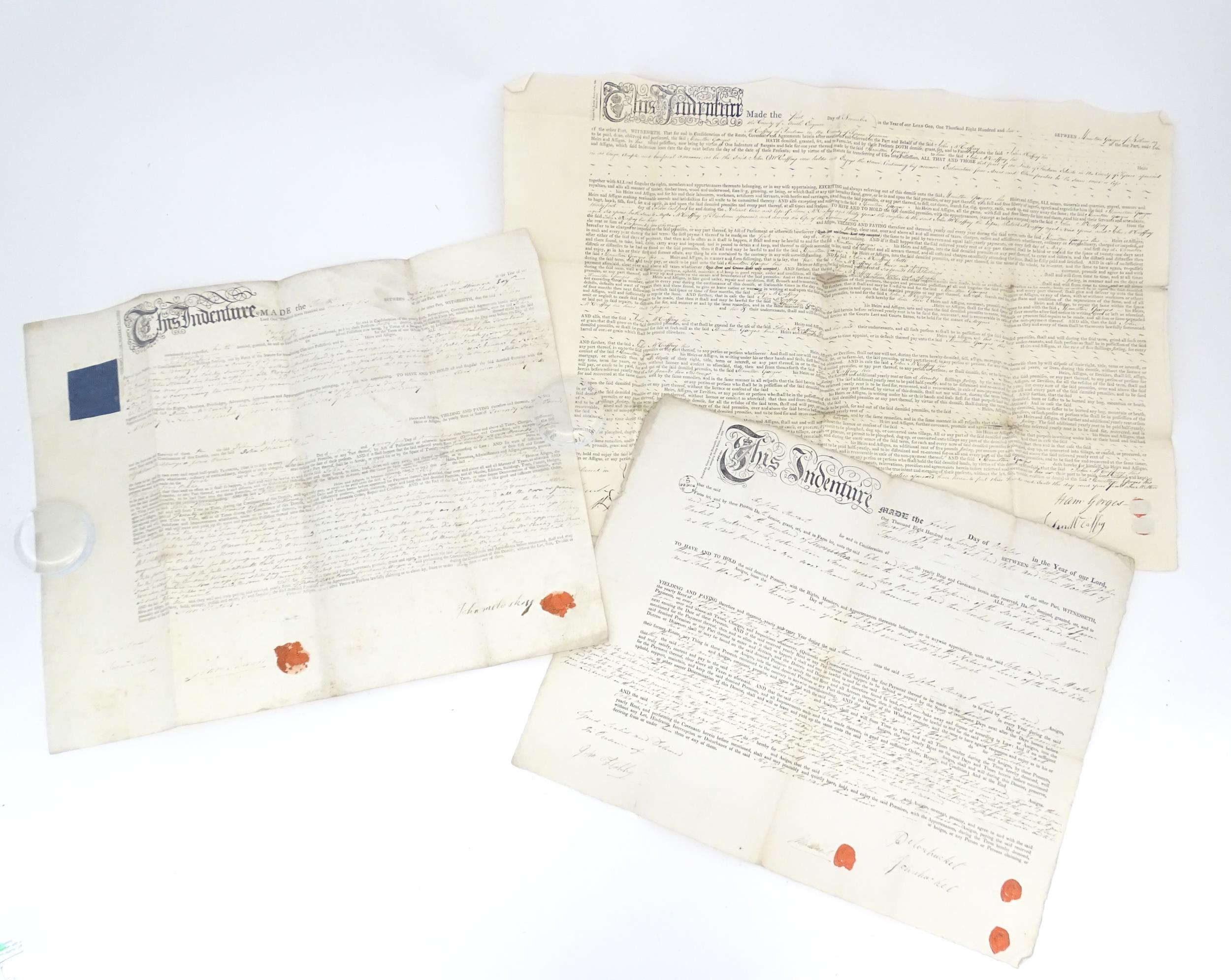 Three 18thC and later Irish indentures to include a 1796 document relating to renting in County