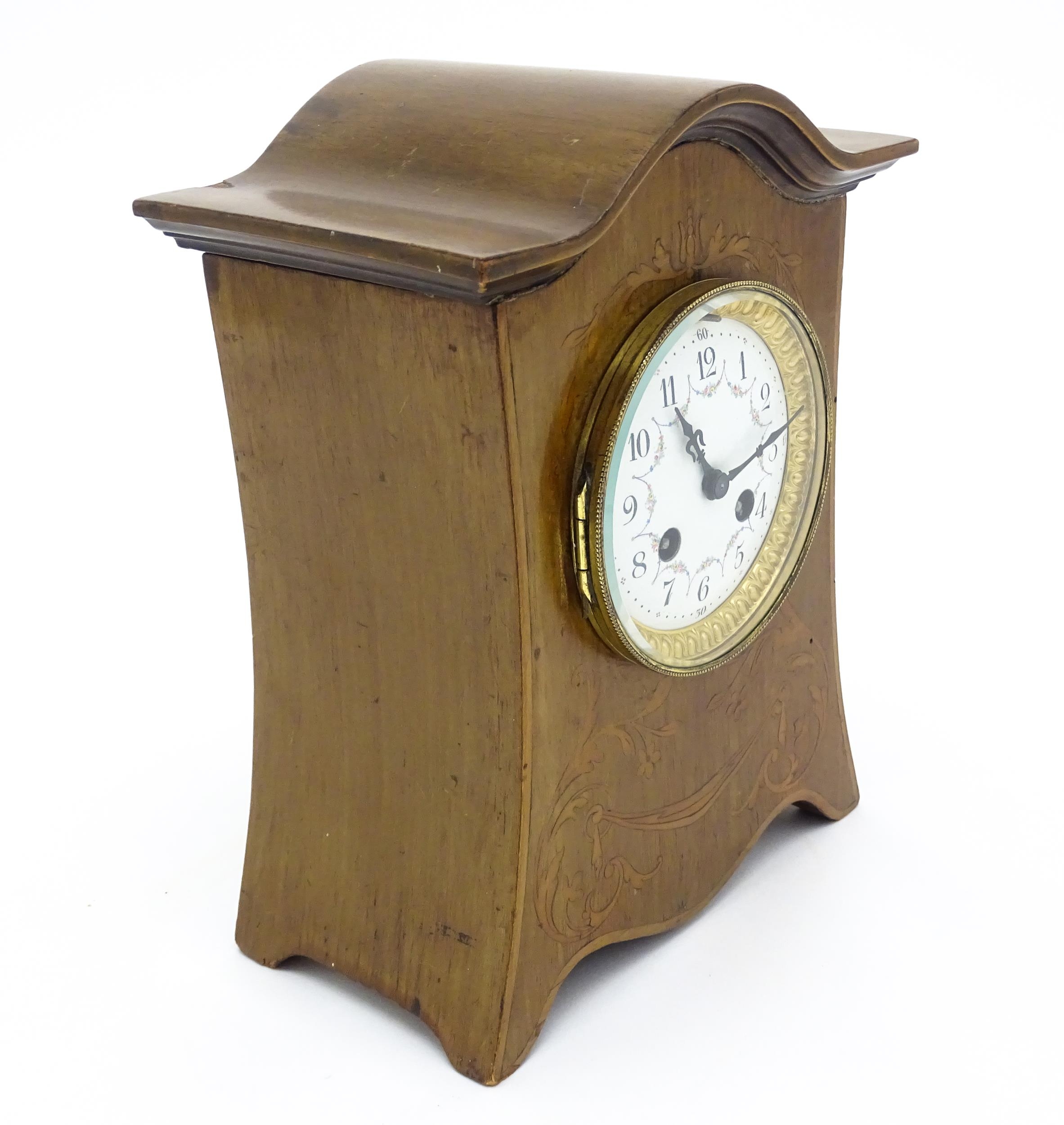 A late 19thC / early 20thC mahogany cased French mantle clock with satinwood inlay and white - Image 3 of 10