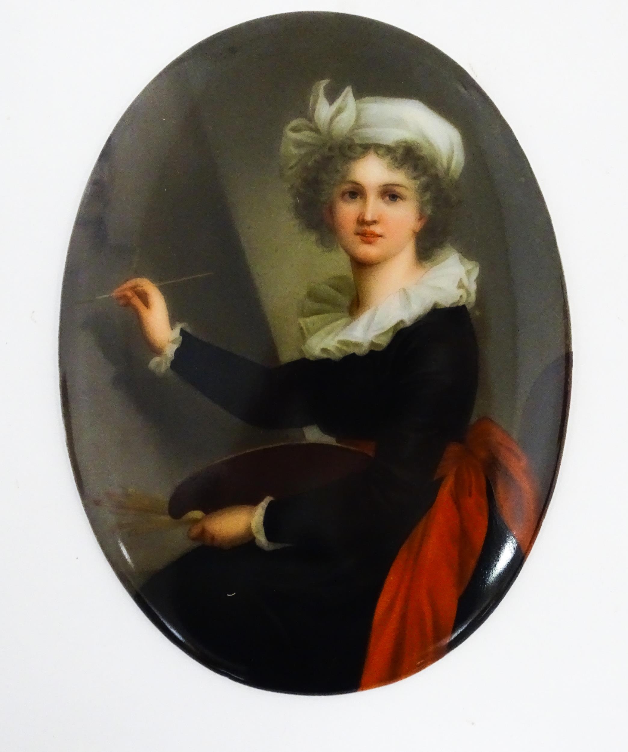 A 20thC Italian watercolour on porcelain oval plaque depicting Marie Elizabeth Louise Vigee Le - Image 2 of 12