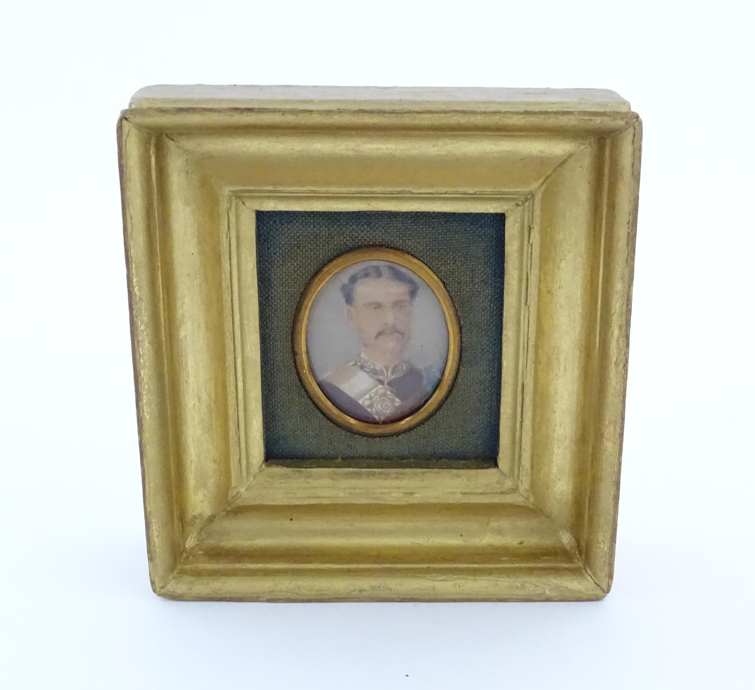 Two 19thC watercolour portrait miniatures, one depicting a gentleman wearing military dress, the - Image 9 of 14