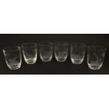 Six Rowland Ward tumbler glasses with engraved Safari animal detail. Unsigned Approx. 3 3/4" high (
