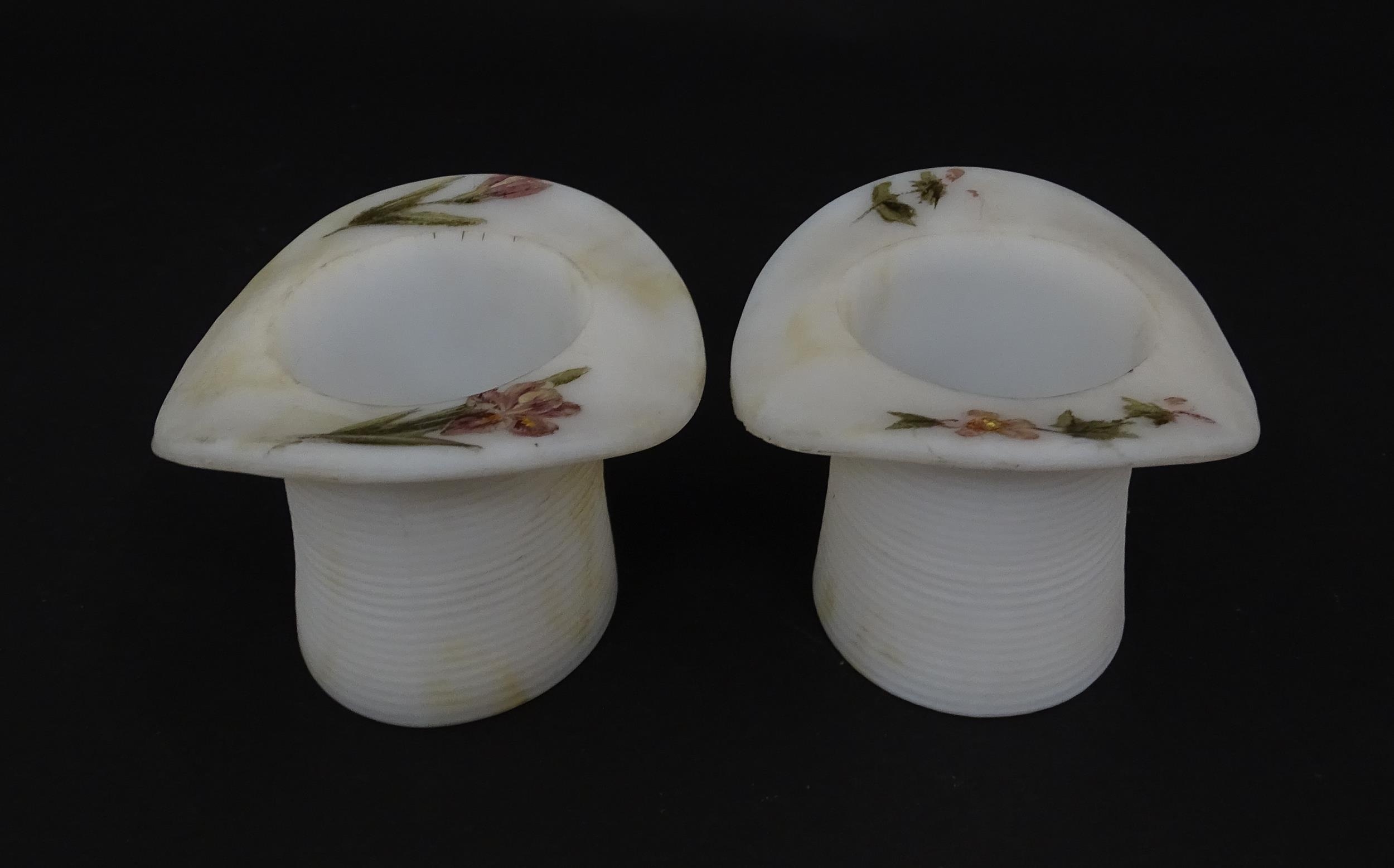 A pair of milk glass match holders / vesta keeps formed as top hats with hand painted floral detail. - Image 10 of 13