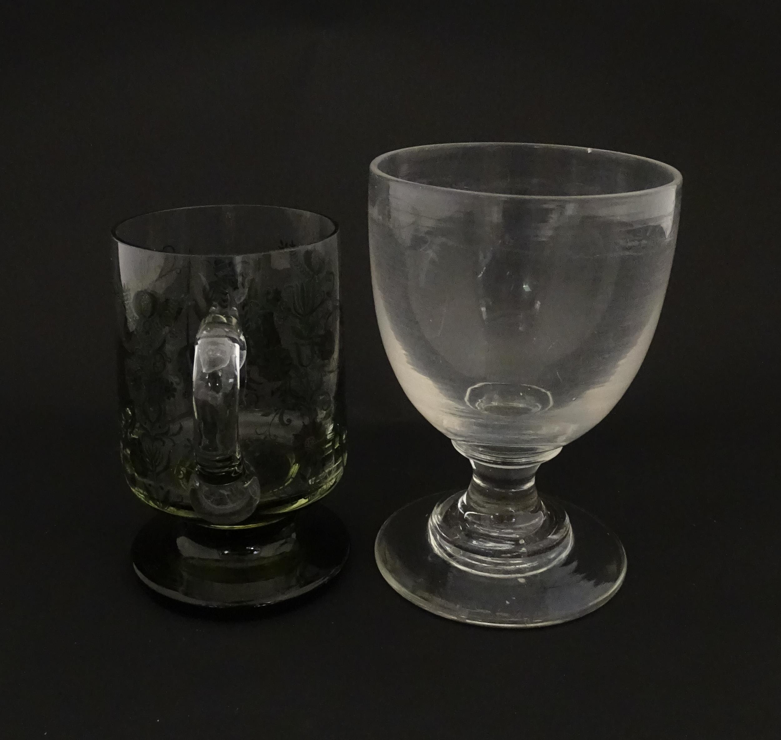 A 19thC glass goblet / rummer. Together with a Continental tankard depicting hunting scene, figure - Image 12 of 13