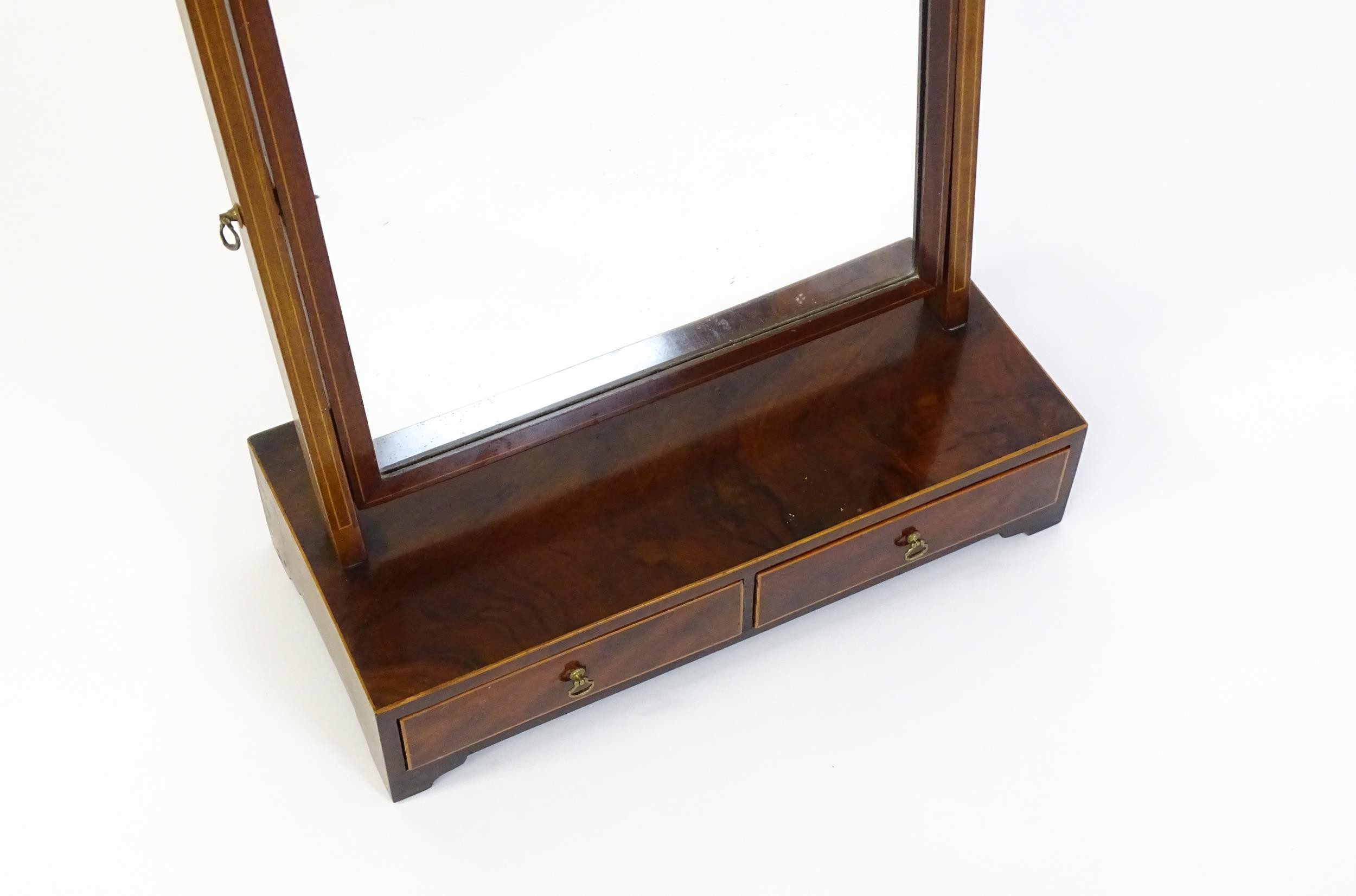A late 19thC walnut toilet mirror / dressing mirror with satinwood inlay and surmounted by brass - Image 2 of 7
