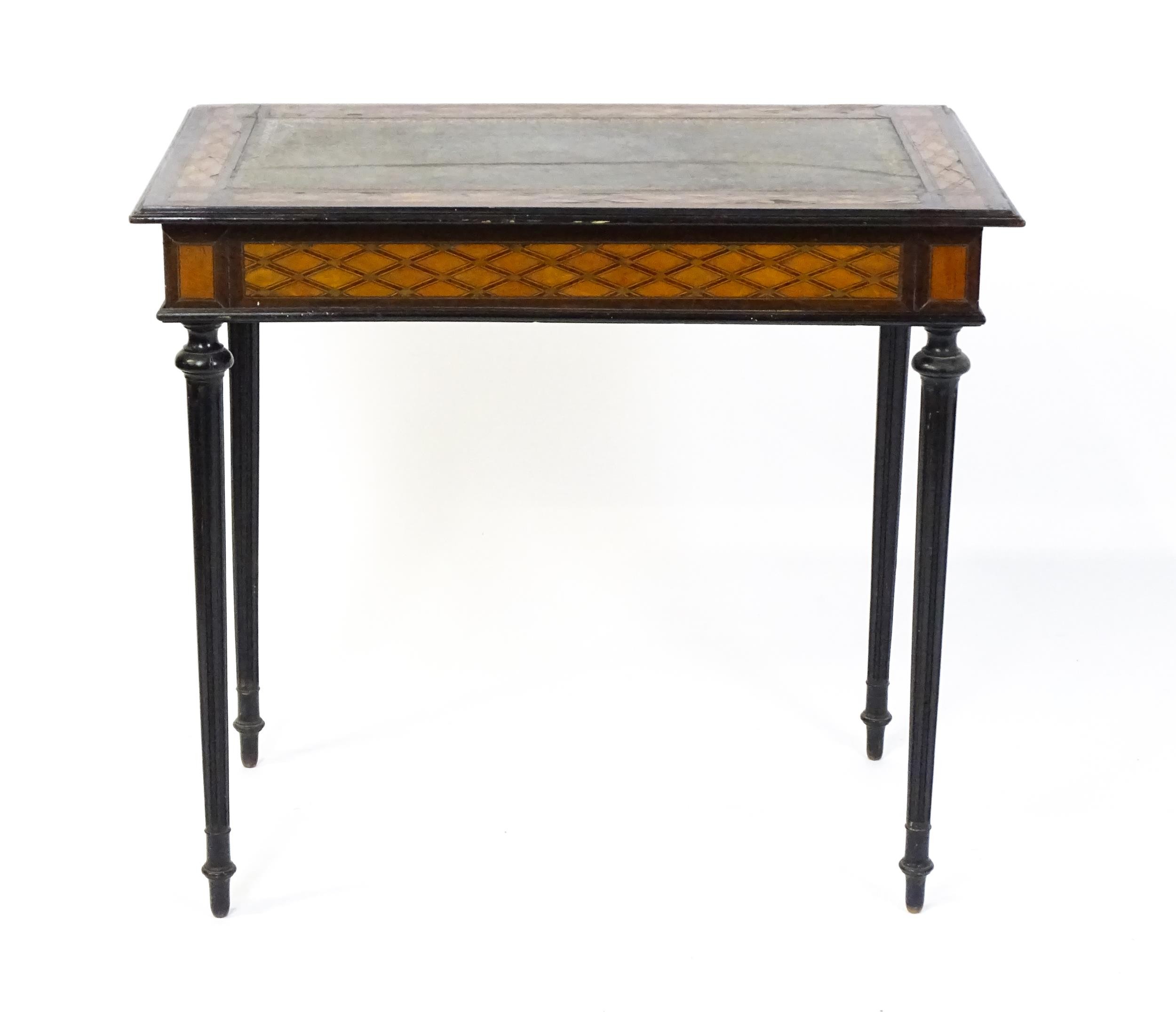 A 19thC side table with a satinwood inlaid top enclosing a gold tooled green leather top above a - Image 2 of 10