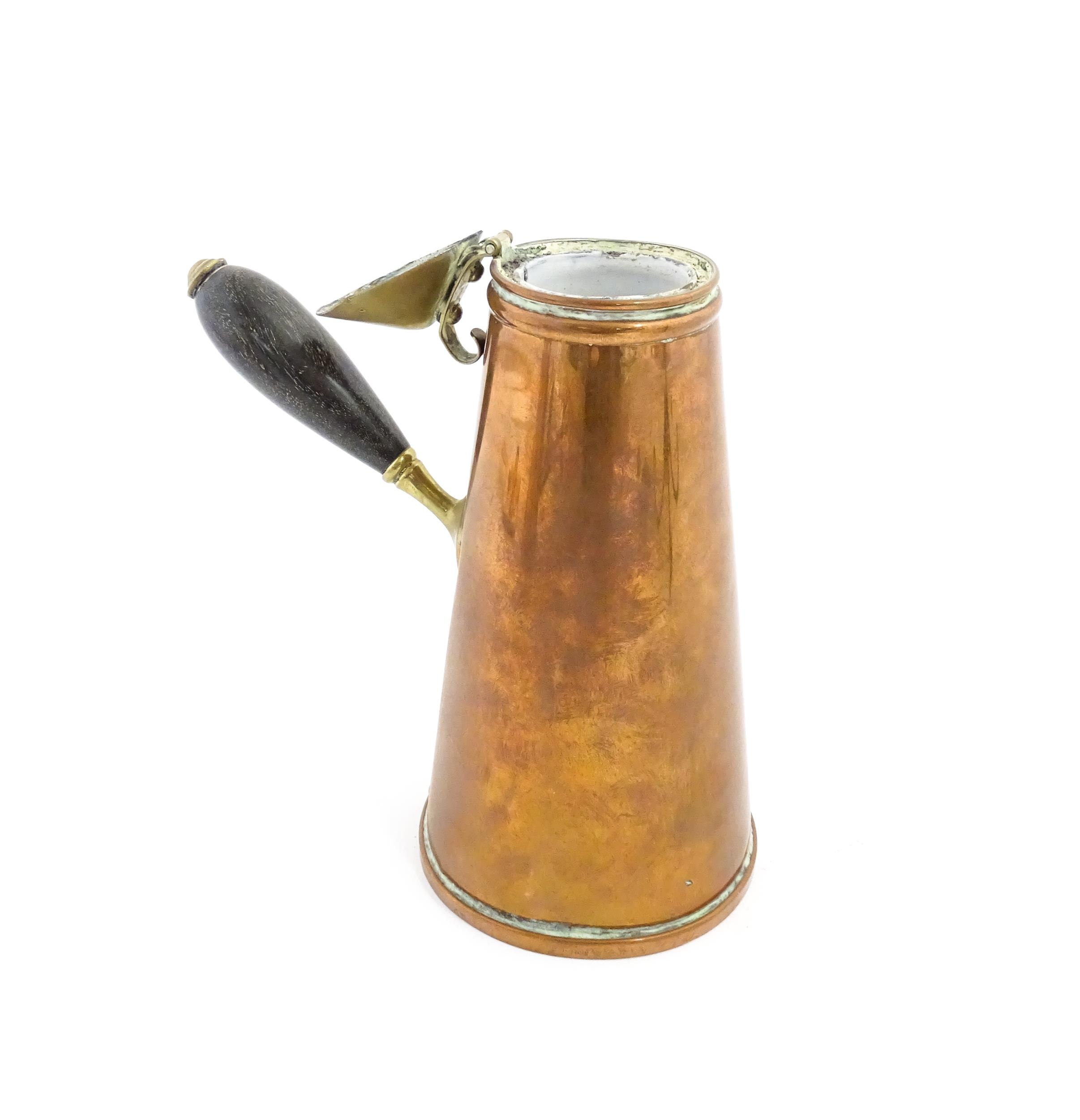 WAS Benson: An Arts & Crafts copper and brass insulated / jacketed hot water jug of tapering form, - Image 3 of 9