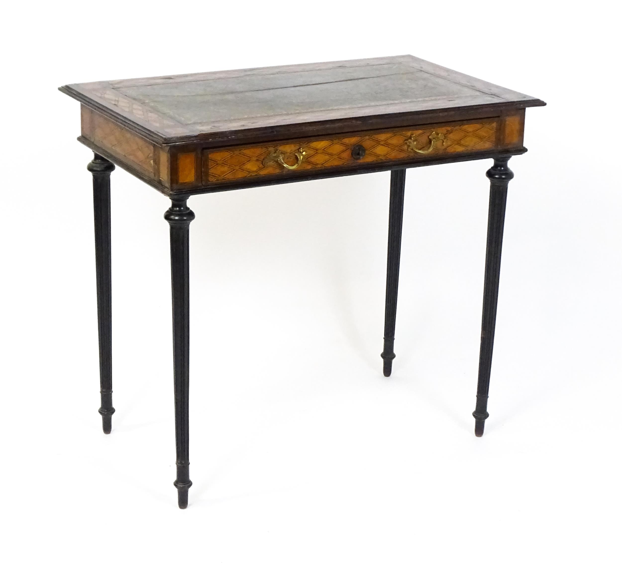 A 19thC side table with a satinwood inlaid top enclosing a gold tooled green leather top above a - Image 3 of 10