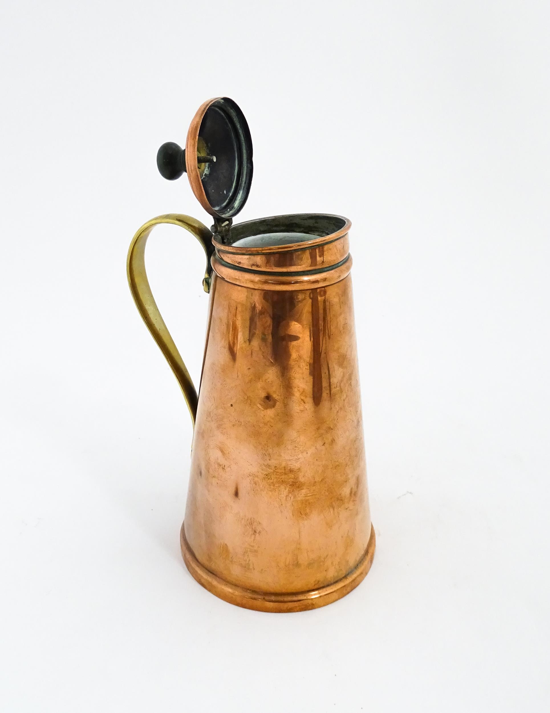 WAS Benson: An Arts & Crafts copper and brass insulated / jacketed hot water jug of tapering form. - Image 3 of 9