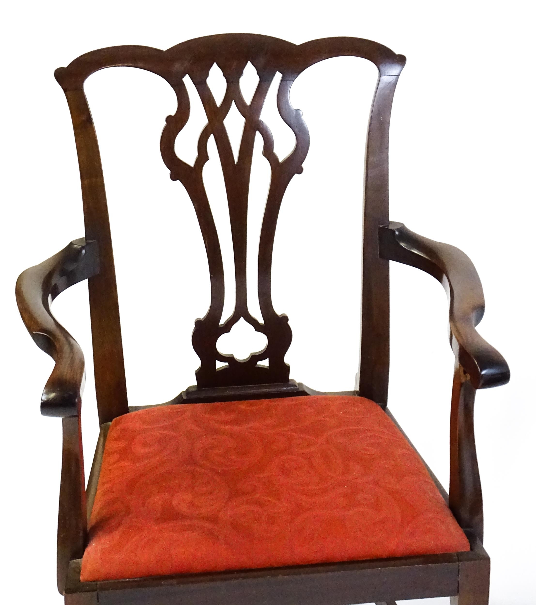A pair of Chippendale style mahogany elbow chairs with a drop in seat raised on chamfered legs - Image 4 of 7