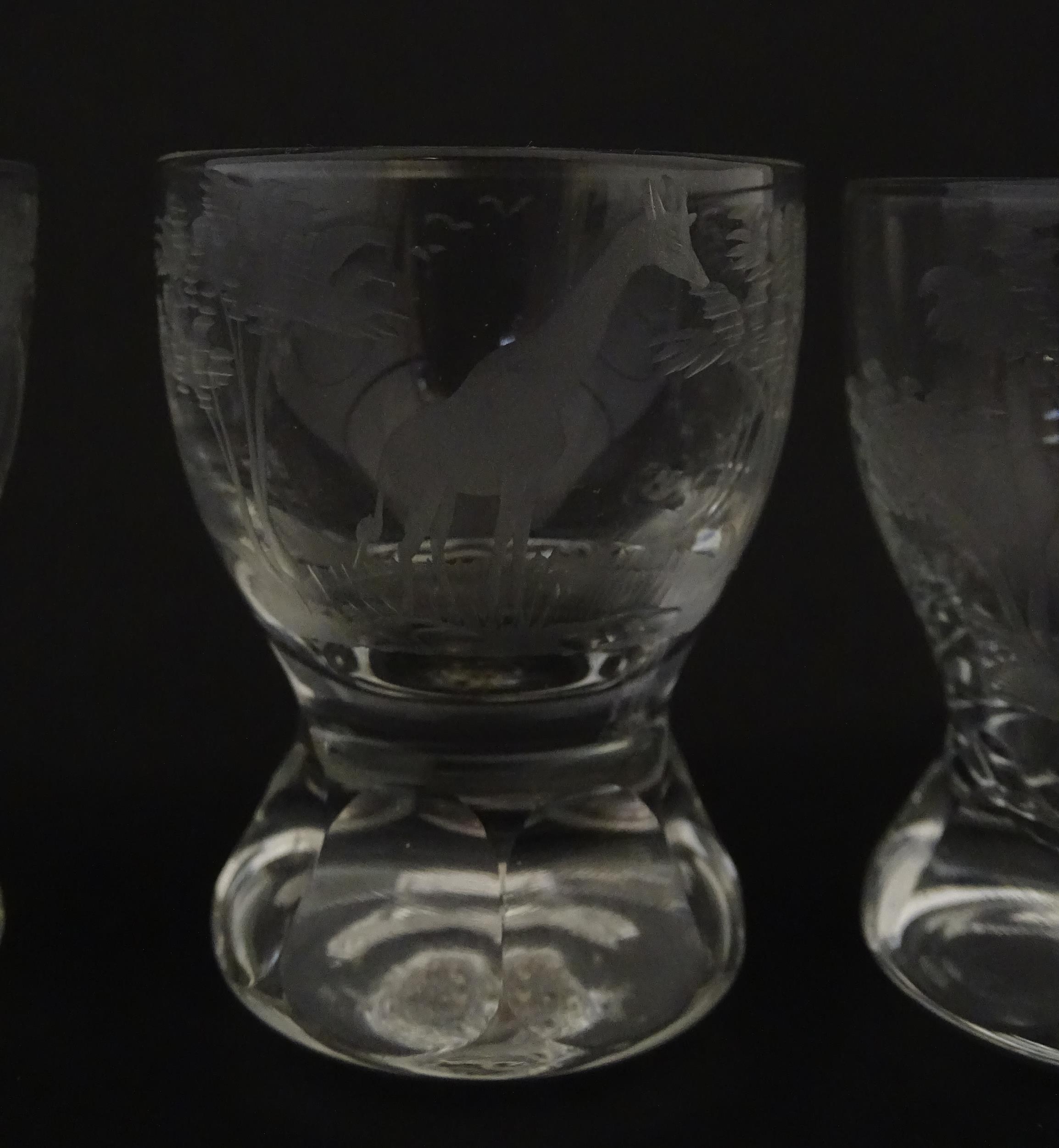 Rowland Ward sherry / liquor glasses with engraved Safari animal detail. Unsigned. Largest approx. - Image 23 of 26