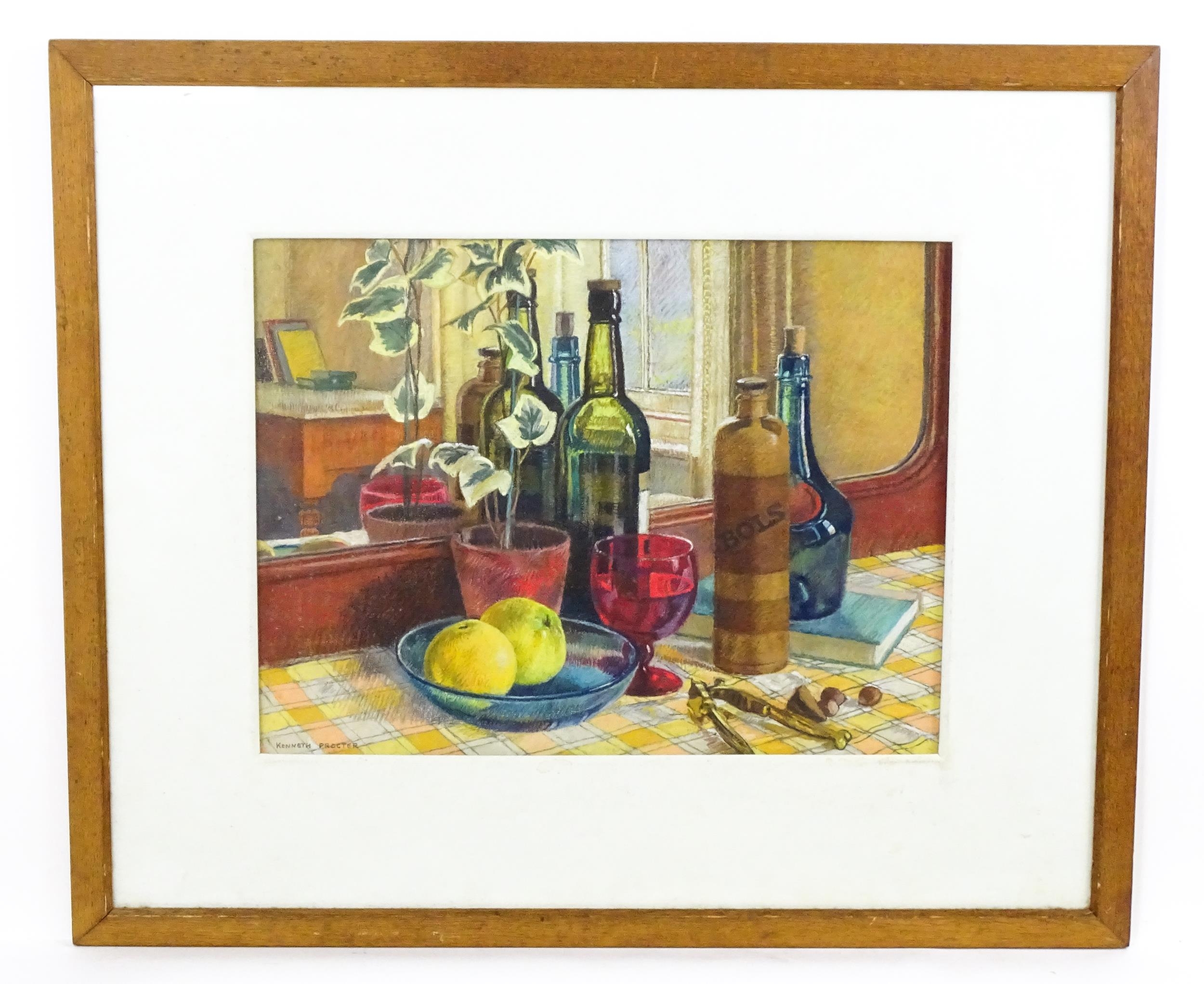 Kenneth Procter (1909-1999), Pastel, A still life study with a plant, bottles, nutcrackers, and a