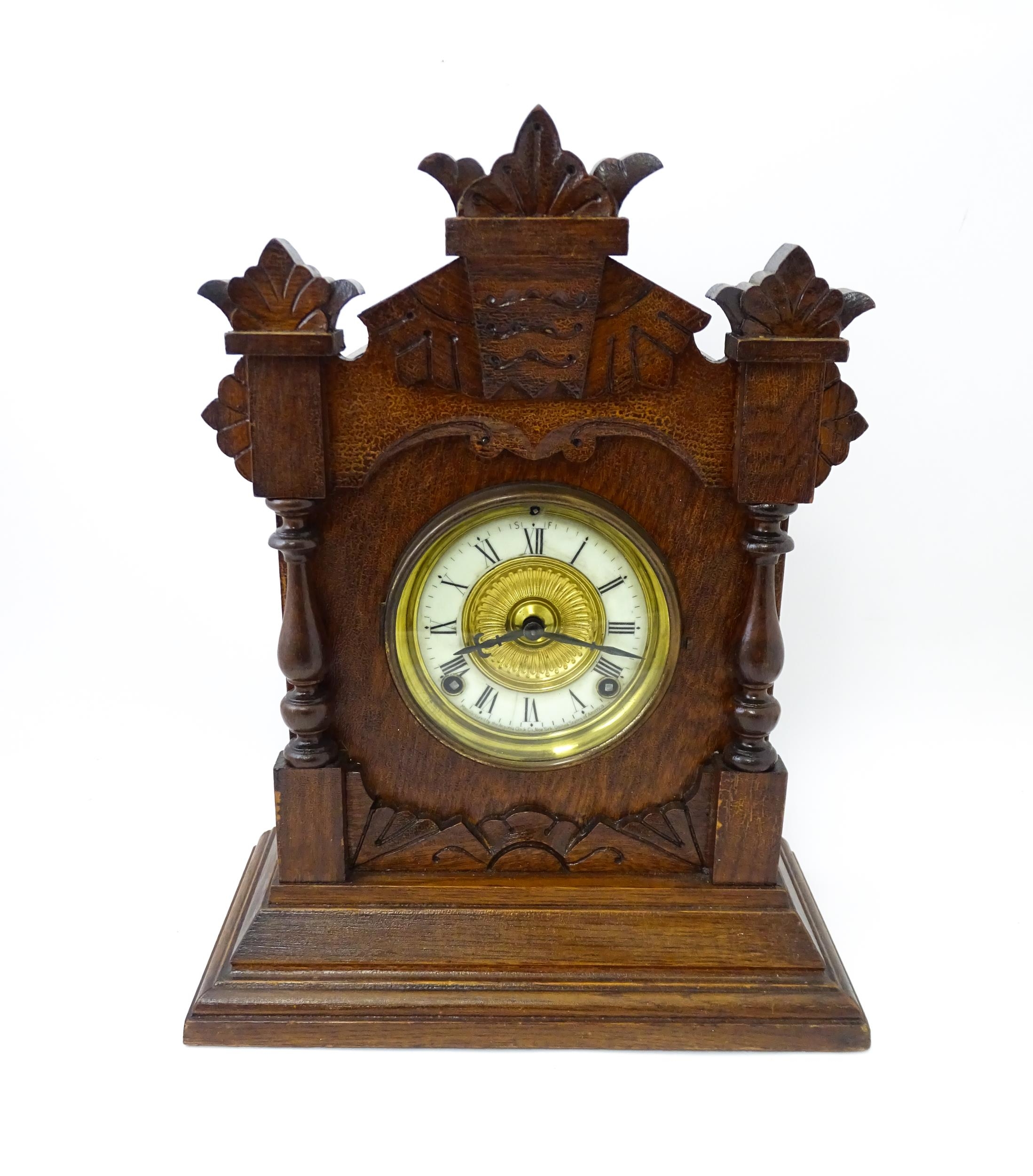 A Late 19thC / Early 20thC American oak cased mantle clock by the Ansonia Clock Company - New - Image 2 of 12