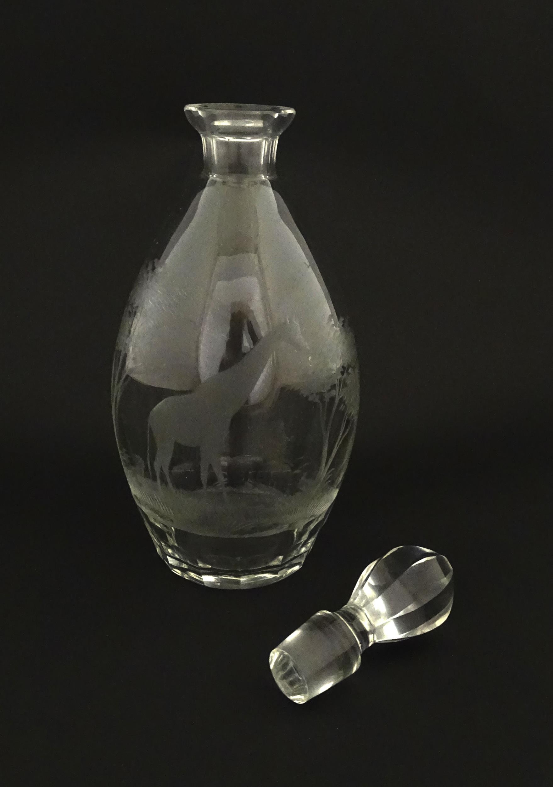 A Rowland Ward glass decanter with engraved Safari animal detail. Unsigned Approx. 11 1/4" high - Image 4 of 10