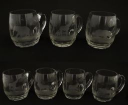 Seven Rowland Ward pint mugs / glasses with engraved Safari animal detail. Unsigned. Approx. 4 1/
