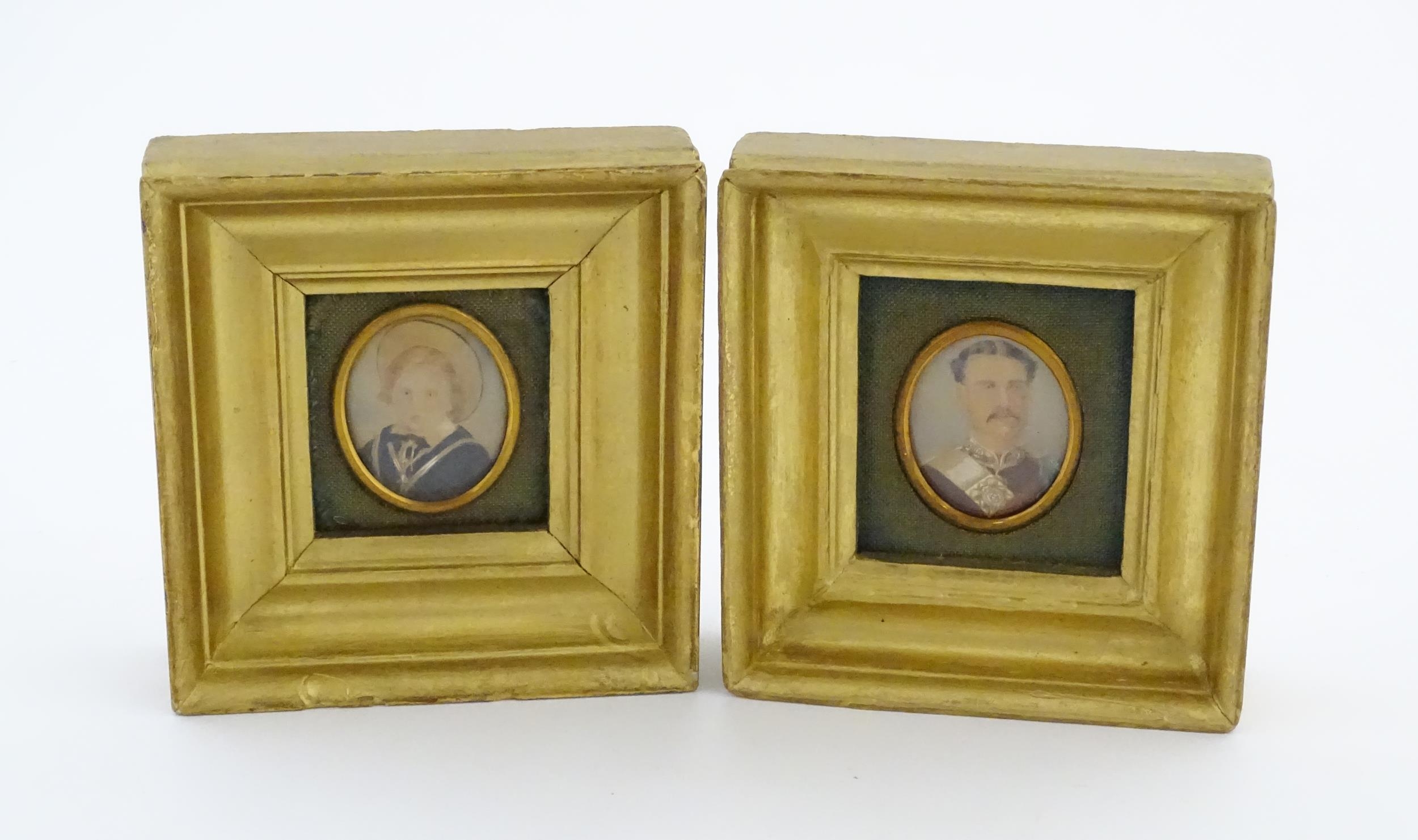 Two 19thC watercolour portrait miniatures, one depicting a gentleman wearing military dress, the - Image 4 of 14