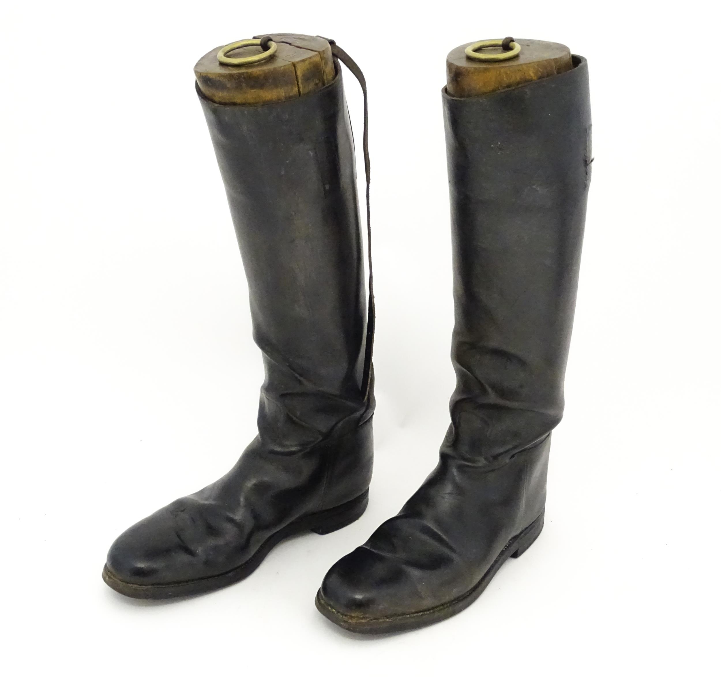 An early 20thC pair of black leather riding boots with trees, approx size 10 (2) Please Note - we do - Image 4 of 10