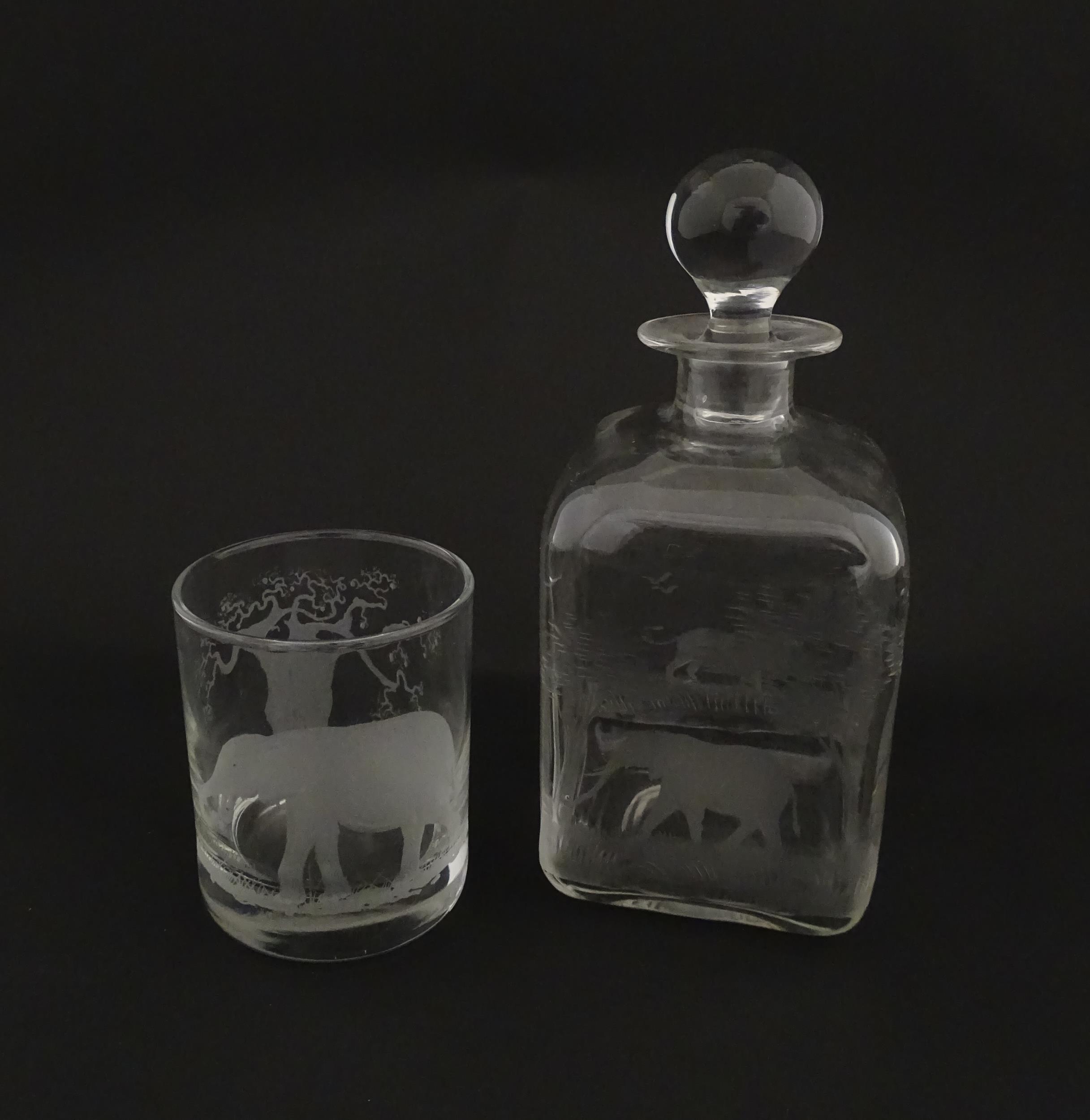A Rowland Ward decanter glass with engraved Safari animal detail. Unsigned. Together with a similar - Image 4 of 11