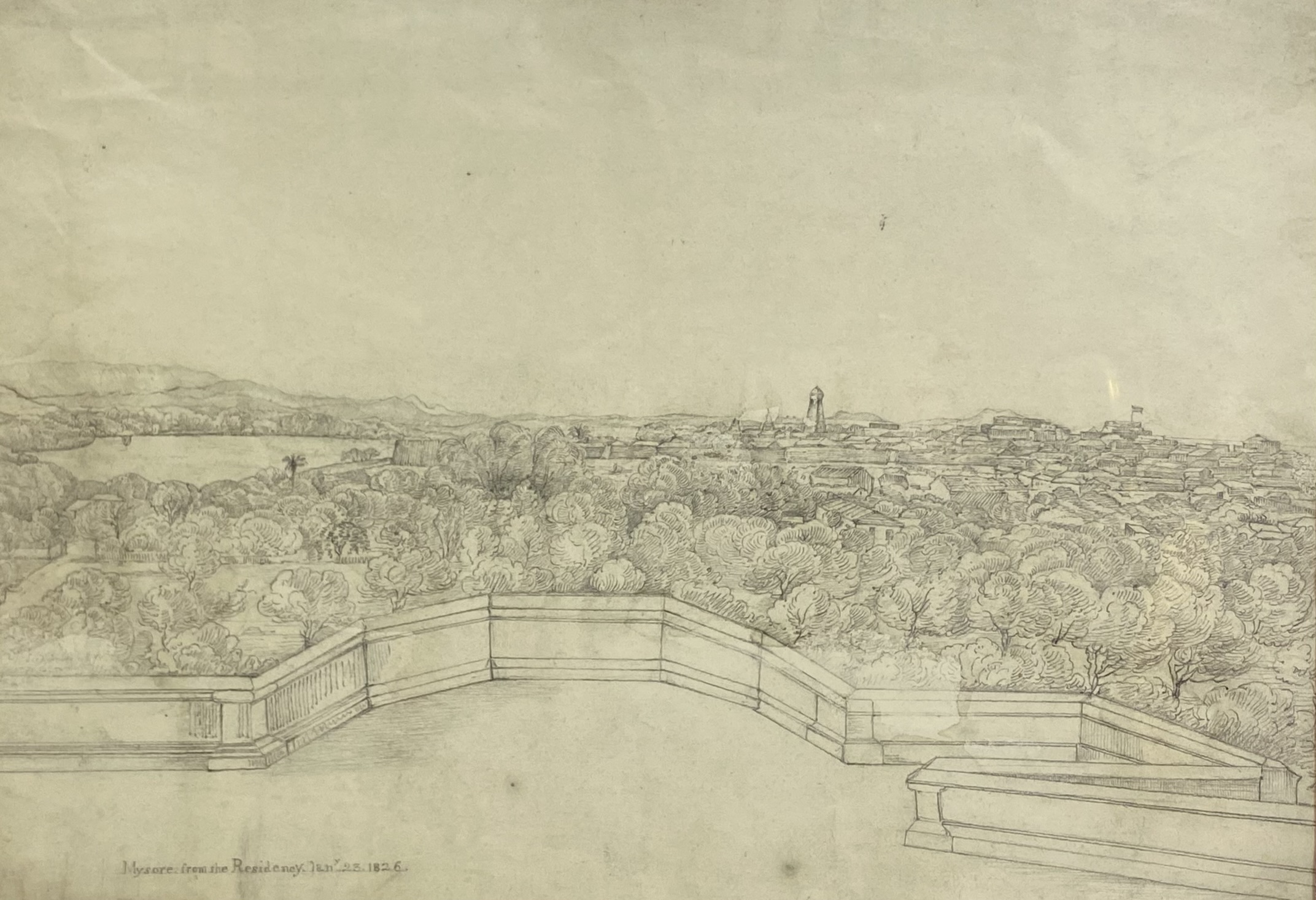 Early 19th century, British School, Pencil Drawing, A view of Mysore, India. Titled lower Mysore - Image 2 of 4