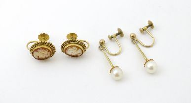 A pair of 9ct gold earrings set with cameo detail. Together with another pair with pearl drops.