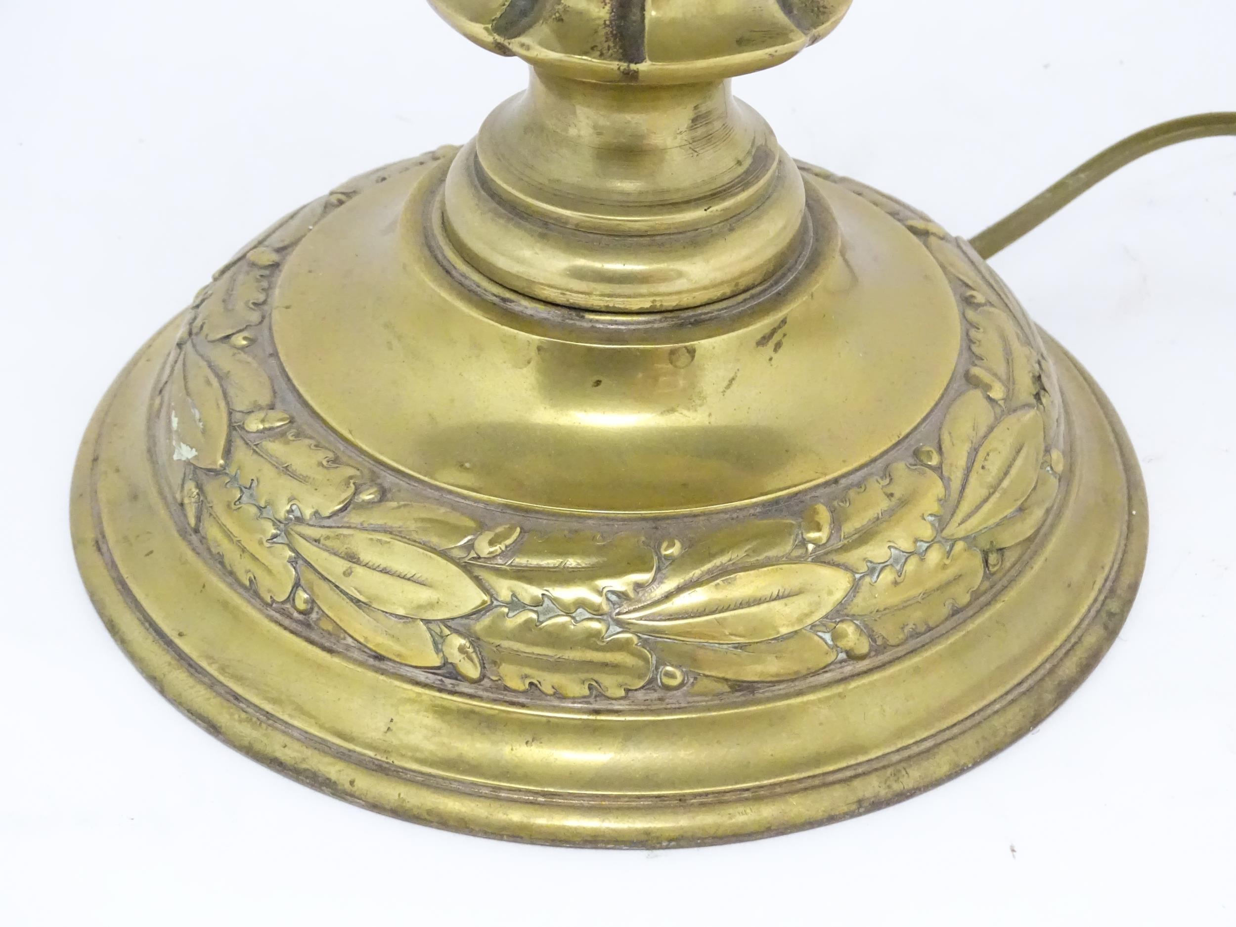 A 20thC brass table lamp with foliate detail and brass domed shade. Approx. 17" high Please Note - - Image 14 of 15