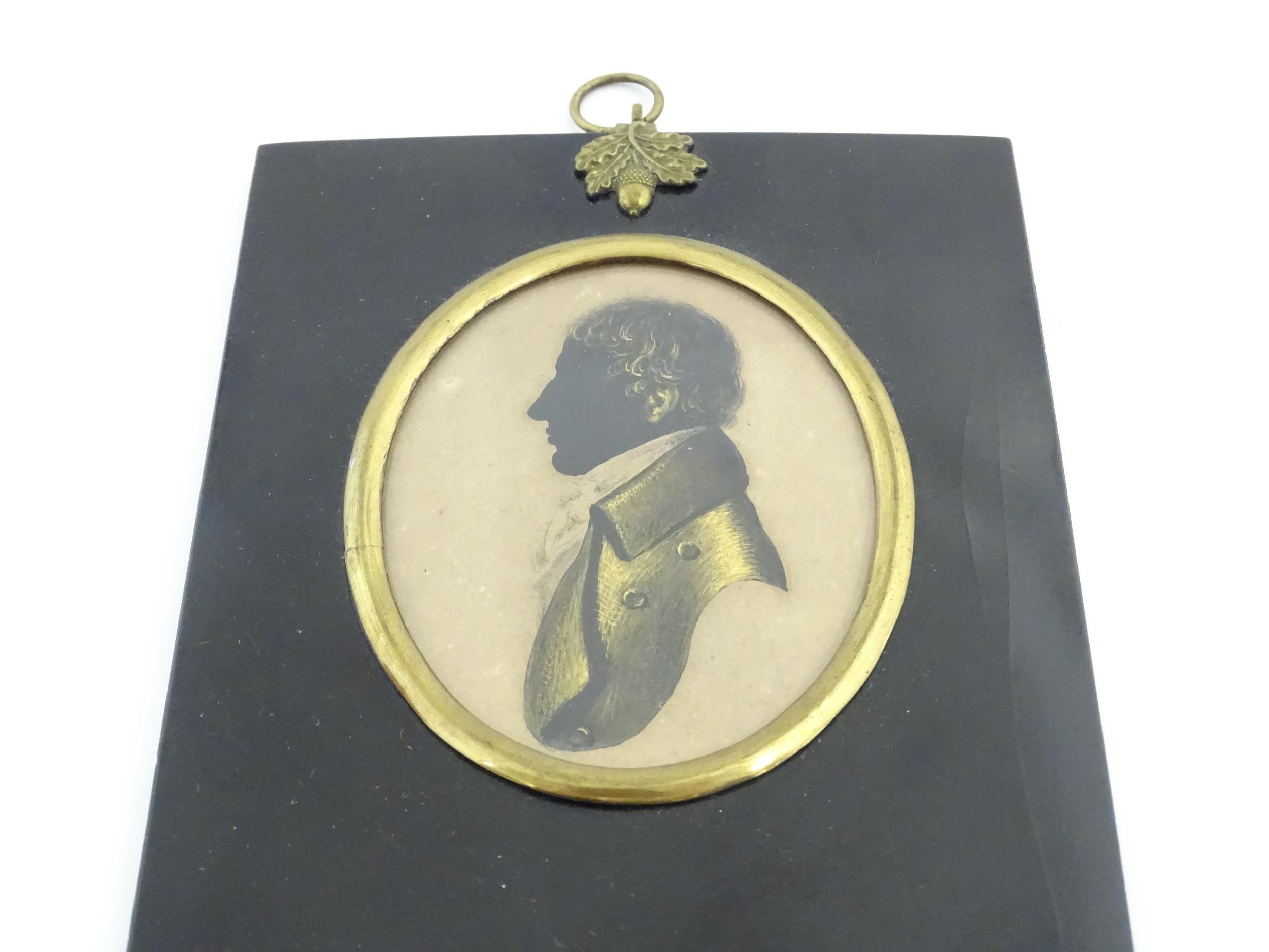 A 19thC silhouette portrait miniature depicting Charles Lamb, aged 23, with gilt highlights, after - Image 4 of 6