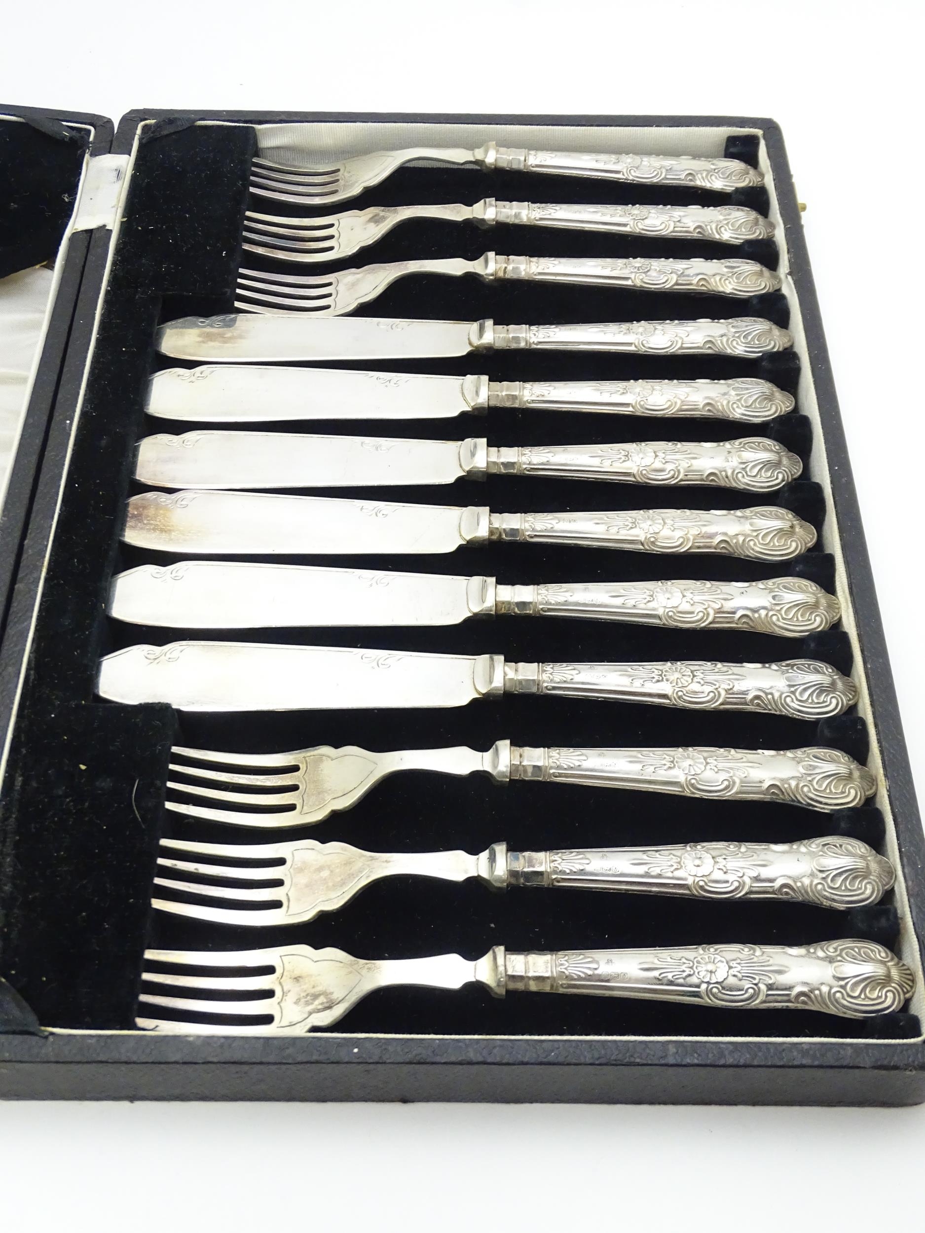 A cased set of six silver handled fish knives and forks with fish servers hallmarked Sheffield 1938, - Image 11 of 12