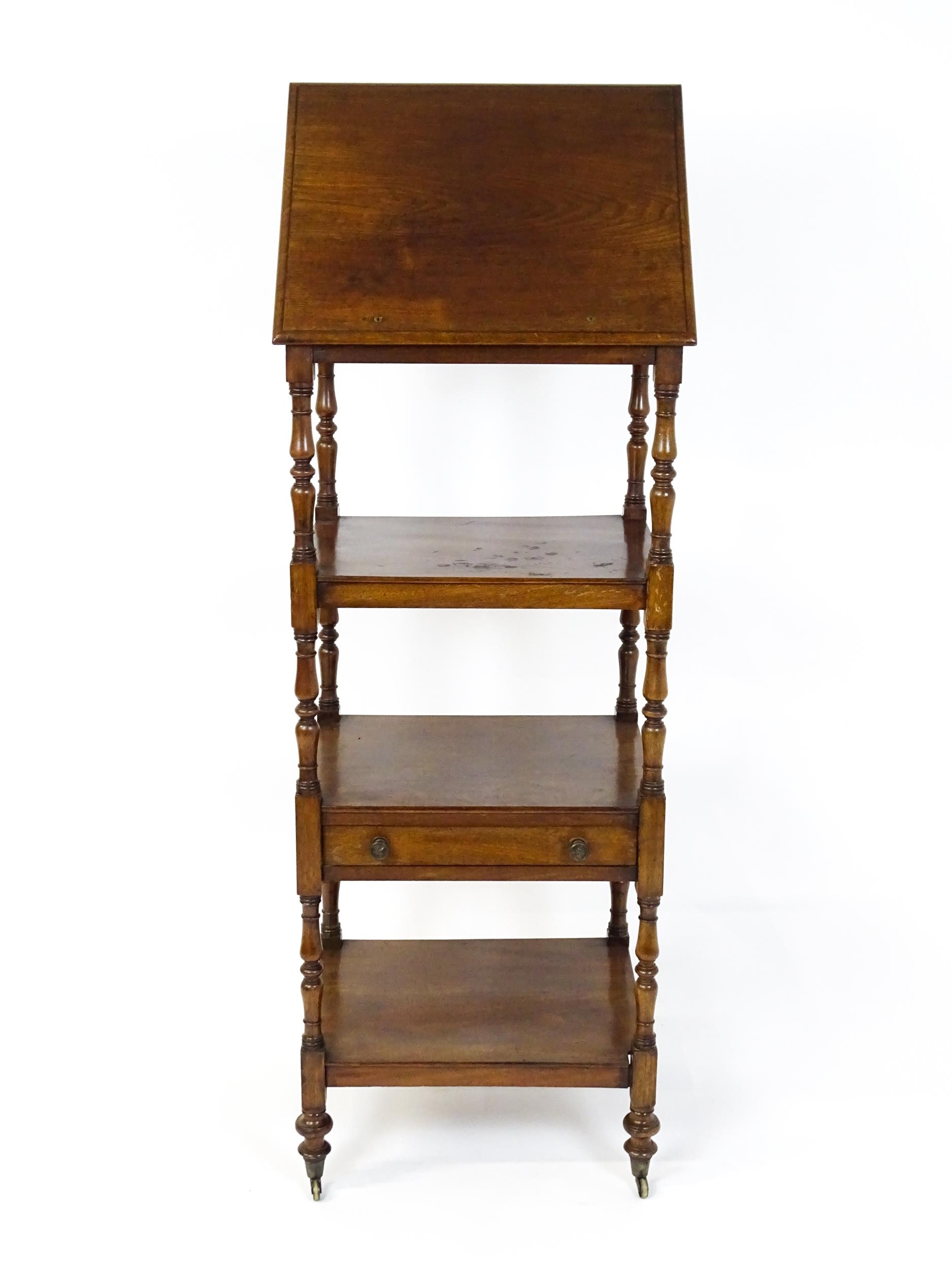 A 19thC mahogany four tier whatnot with the top tier having an adjustable tilt top, the tiers raised - Image 4 of 5