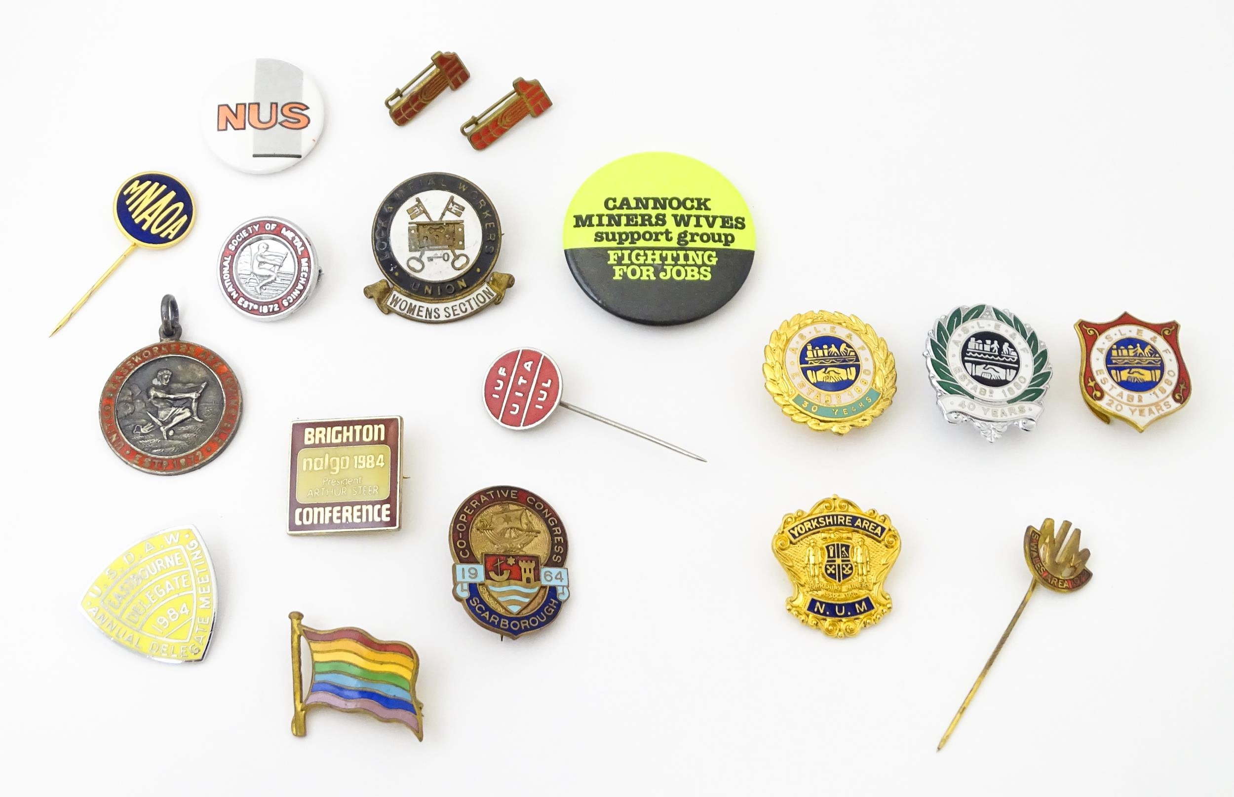 Trade Union Interest: a quantity of assorted badges, pins, etc. to include a silver and enamelled
