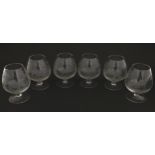 Six Rowland Ward brandy glasses with engraved Safari animal detail. Unsigned Approx. 4 3/4" high (6)