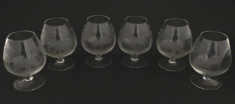 Six Rowland Ward brandy glasses with engraved Safari animal detail. Unsigned Approx. 4 3/4" high (6)