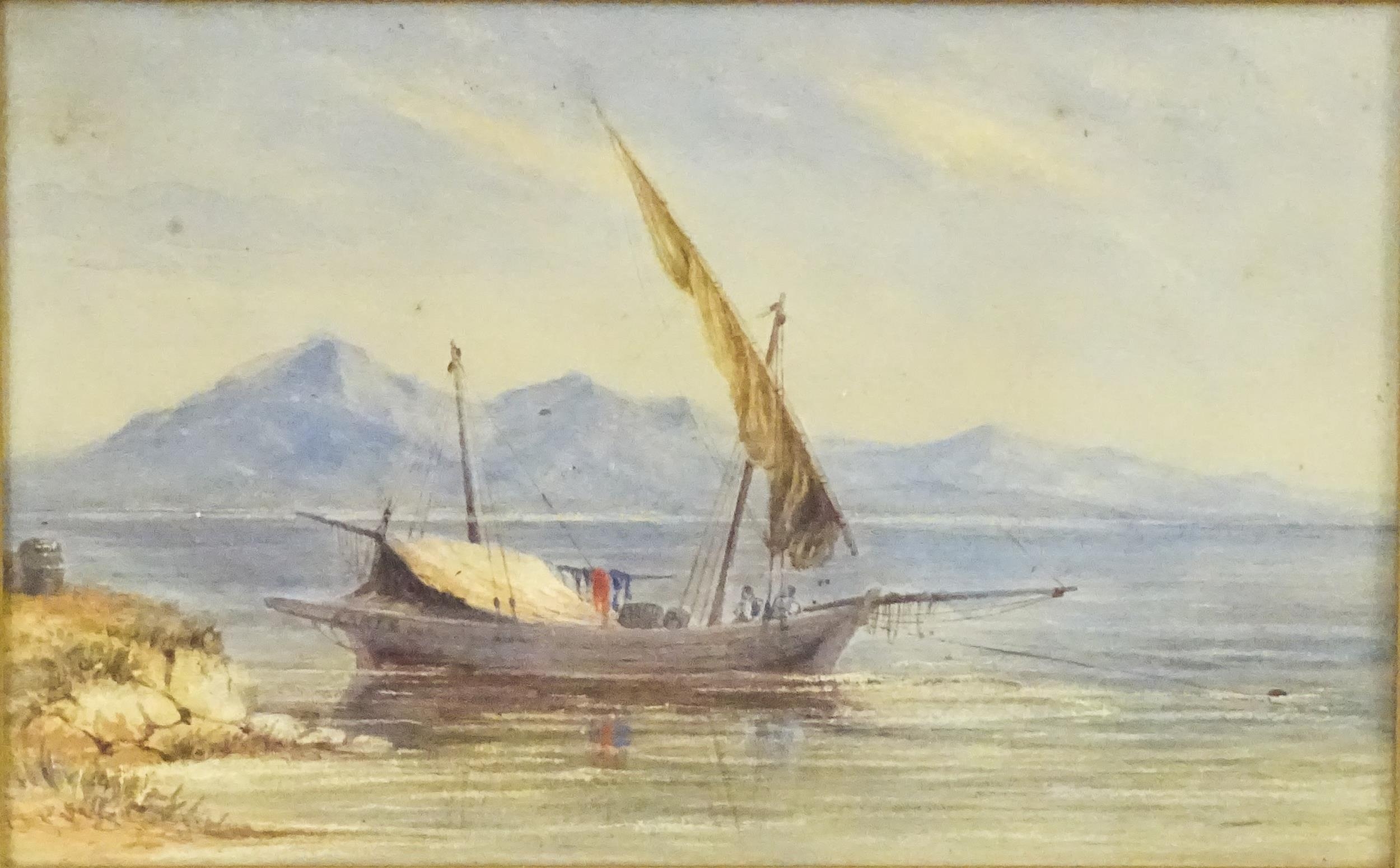 19th century, Italian School, Watercolour, An coastal scene with a fishing boat and fishermen, - Image 3 of 3