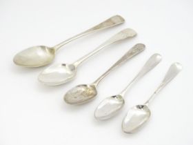 Five assorted 18thC and later silver teaspoons to include fancy /picture back spoons etc Largest