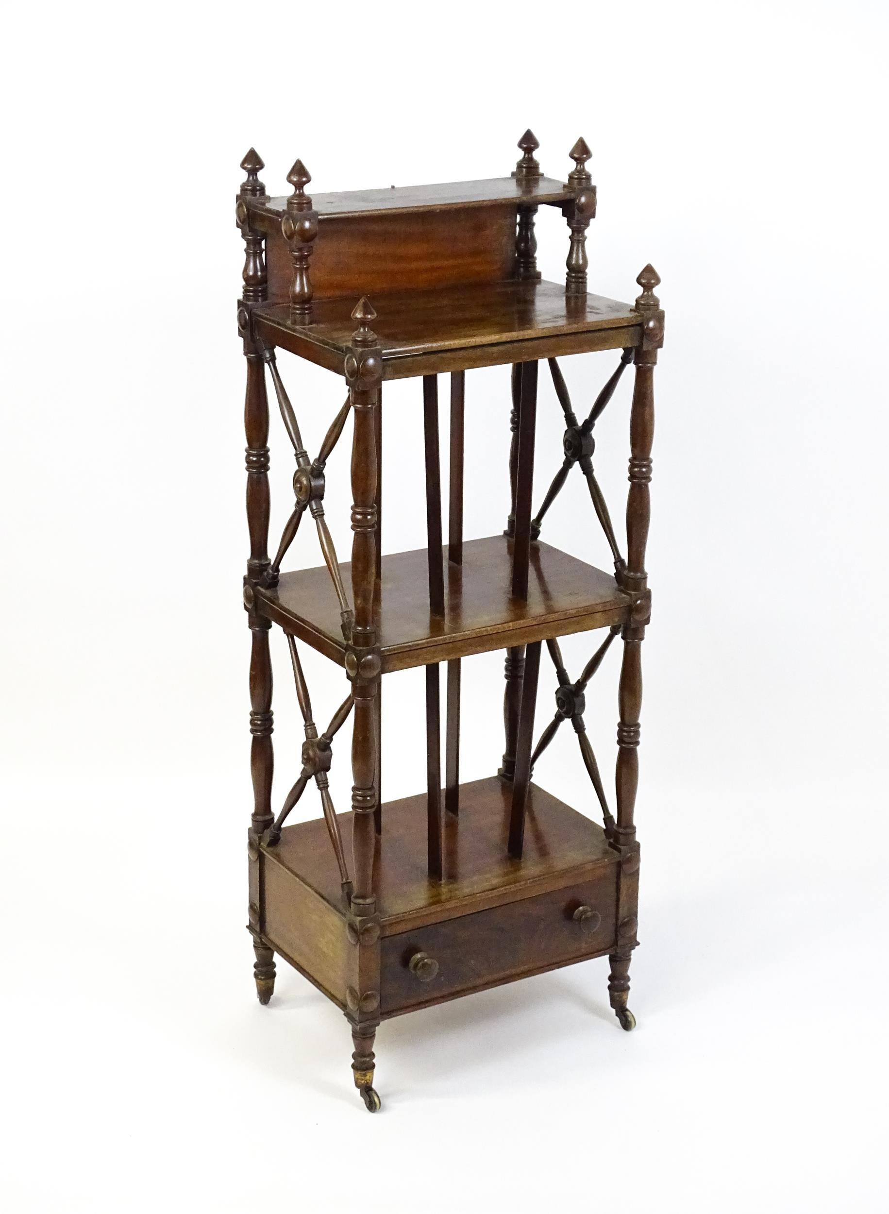 An early 19thC mahogany whatnot Canterbury surmounted by turned uprights and a small shelf above - Image 2 of 12