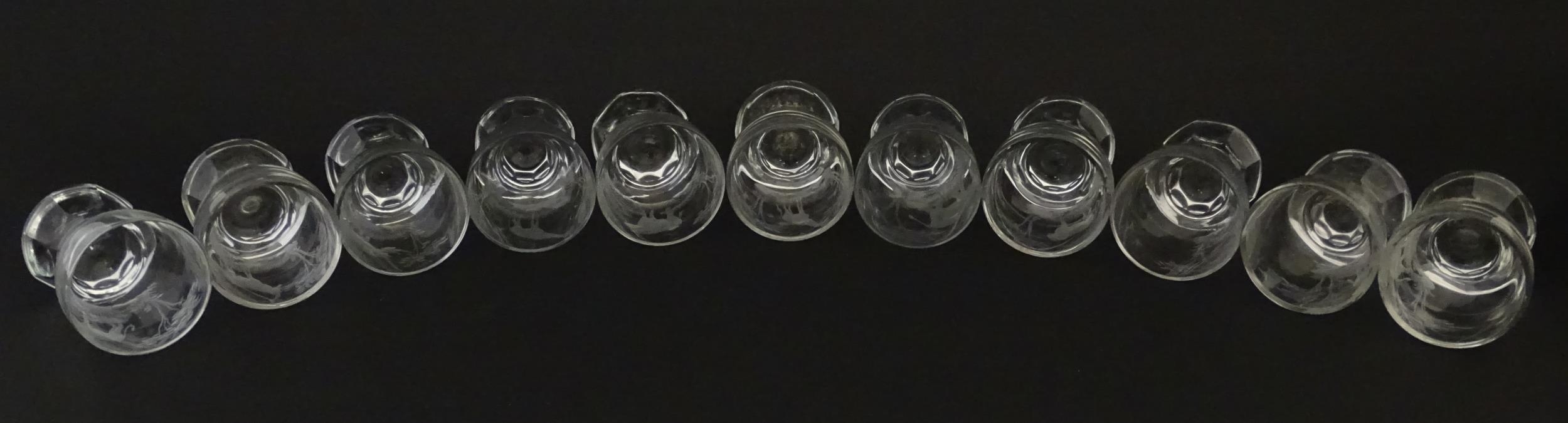 Rowland Ward sherry / liquor glasses with engraved Safari animal detail. Unsigned. Largest approx. - Image 26 of 26