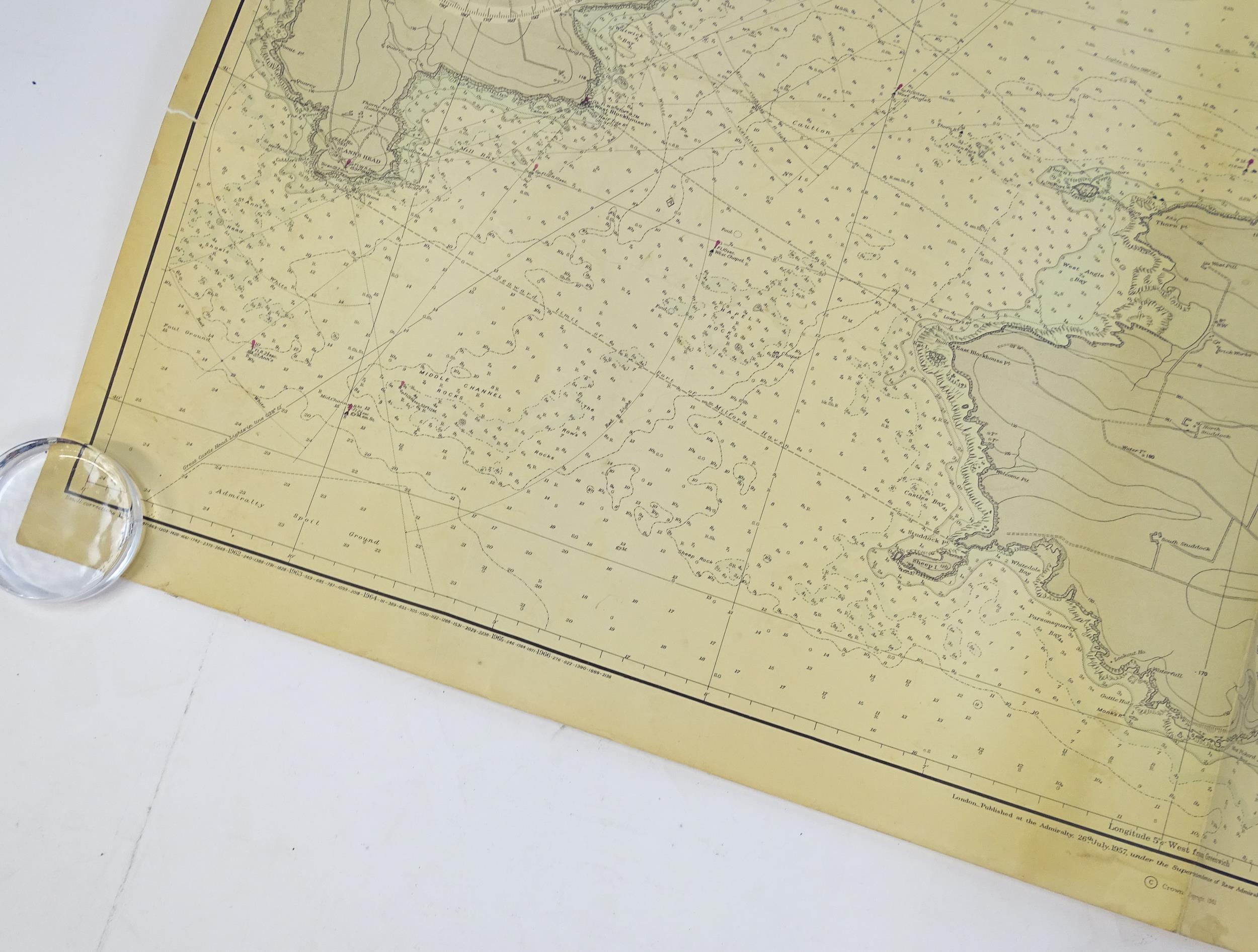 Three mid 20thC Hydrographic Office maritime navigational charts for Wales - South Coast, comprising - Image 9 of 26