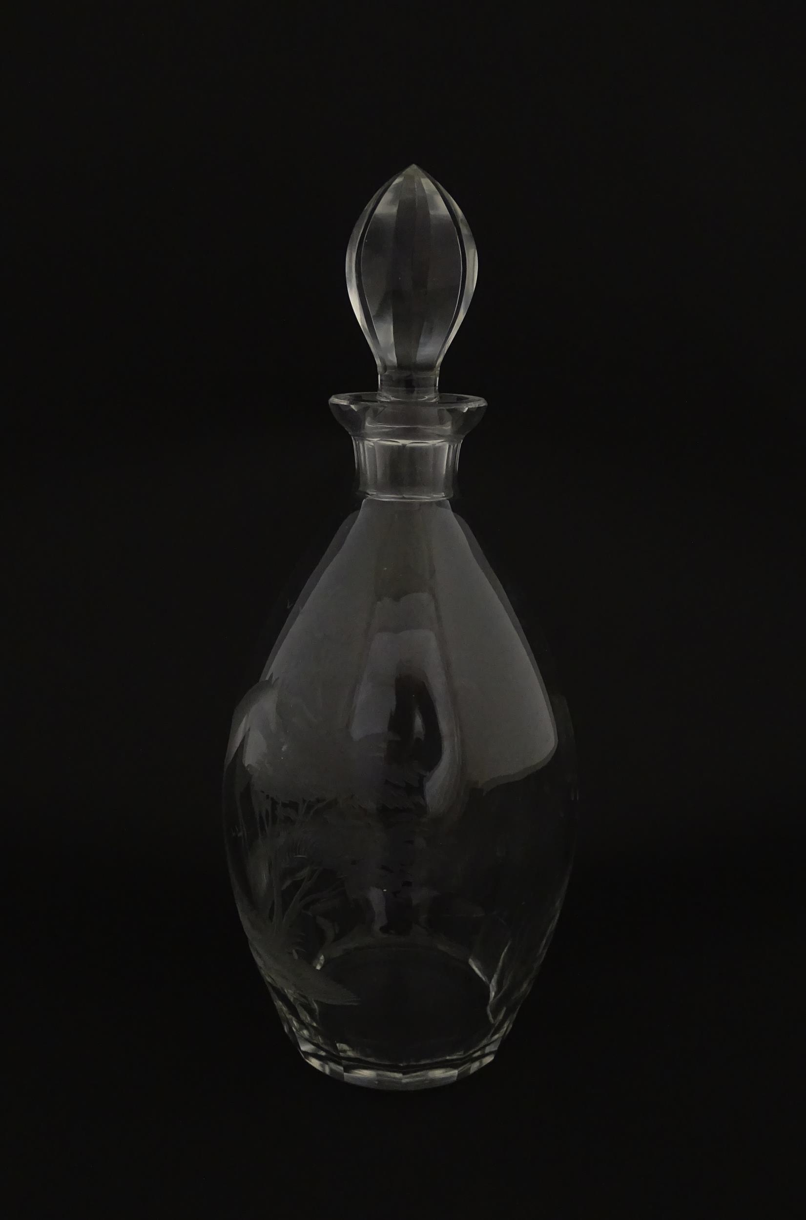 A Rowland Ward glass decanter with engraved Safari animal detail. Unsigned Approx. 11 1/4" high - Image 6 of 10