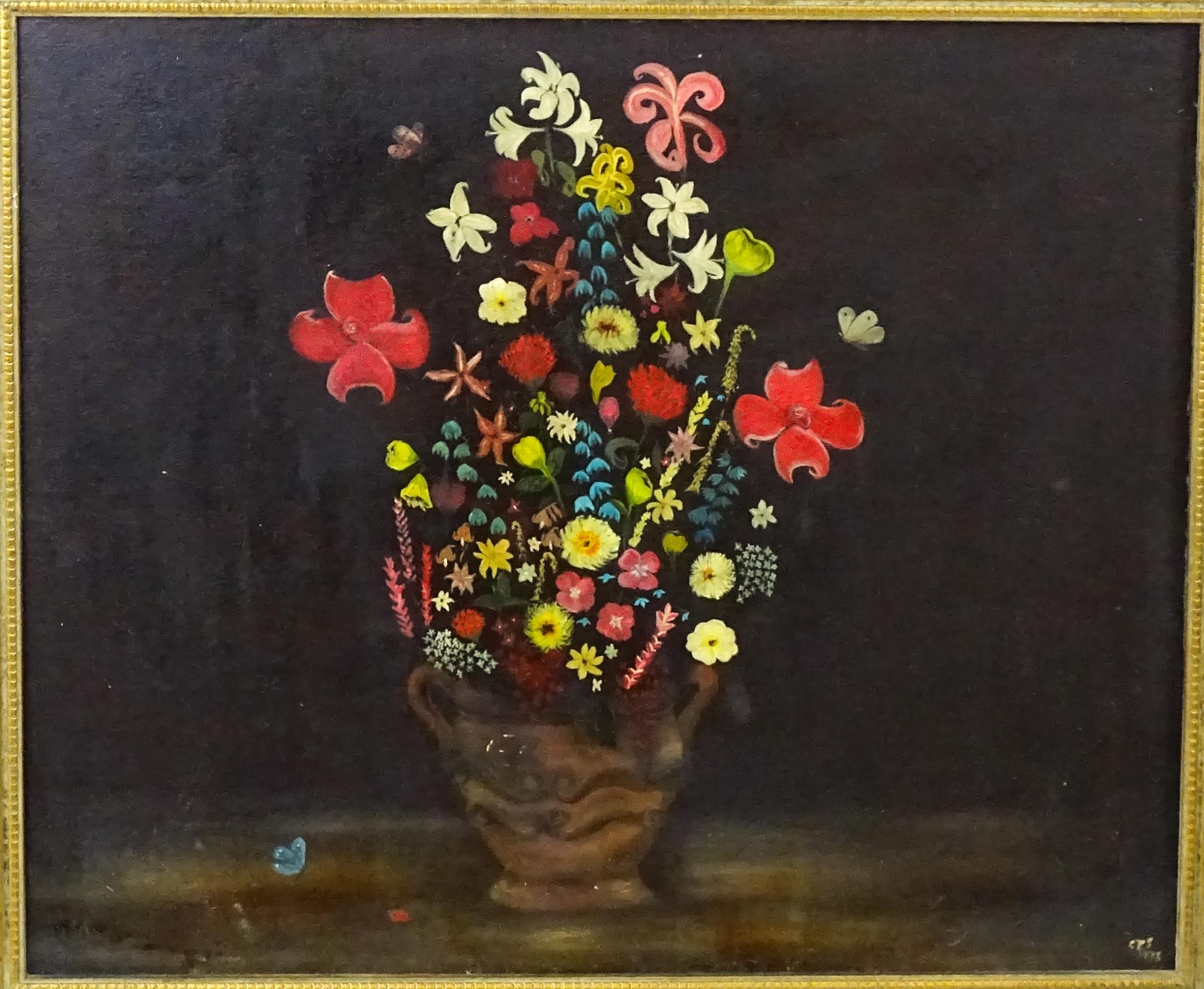 20th century, Oil on board, A naive study of flowers in a twin handled stoneware vase. Signed with - Image 3 of 4