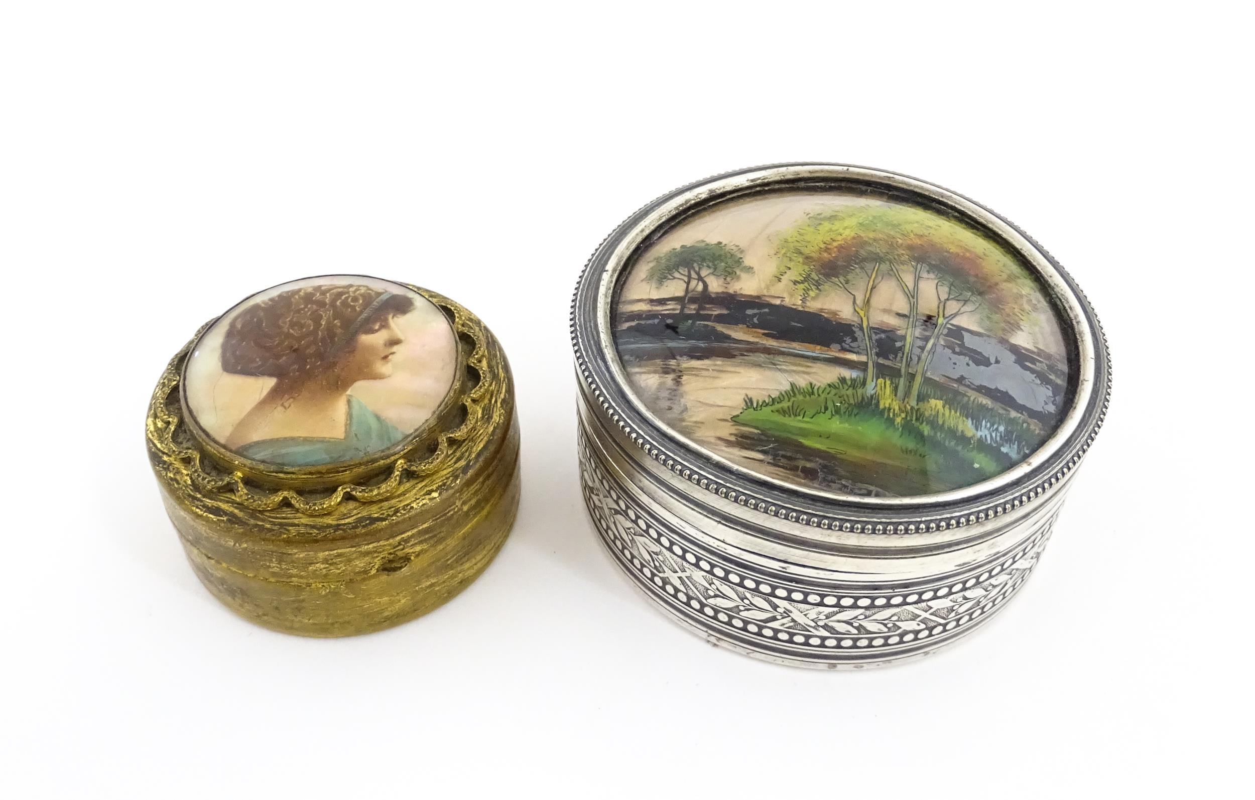 A 20thC silver plate pot and cover of circular form, the lid decorated with trees and river scene - Image 3 of 7