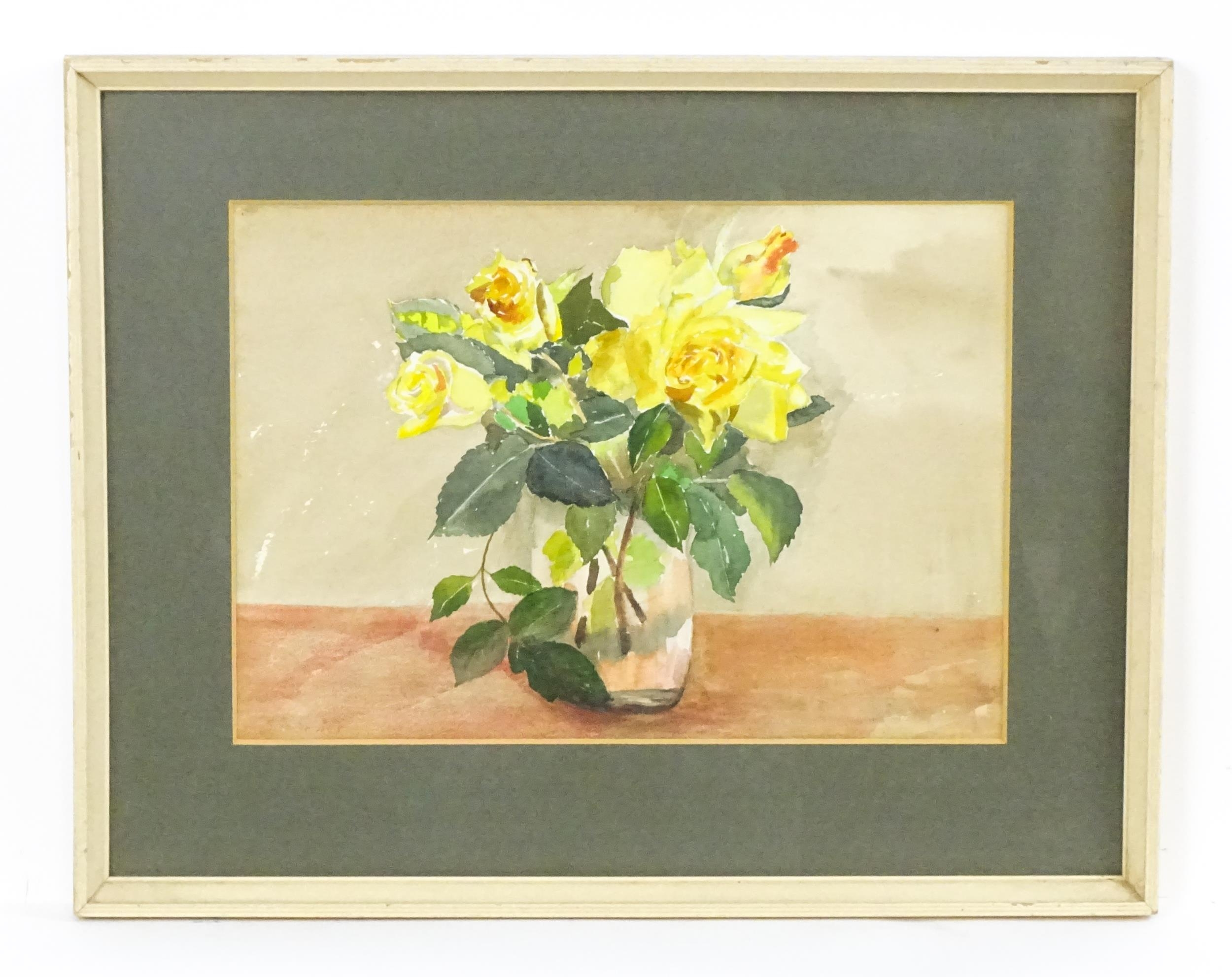 20th century, Watercolour, A still life study of yellow roses in a glass vase. Indistinctly signed