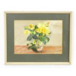 20th century, Watercolour, A still life study of yellow roses in a glass vase. Indistinctly signed